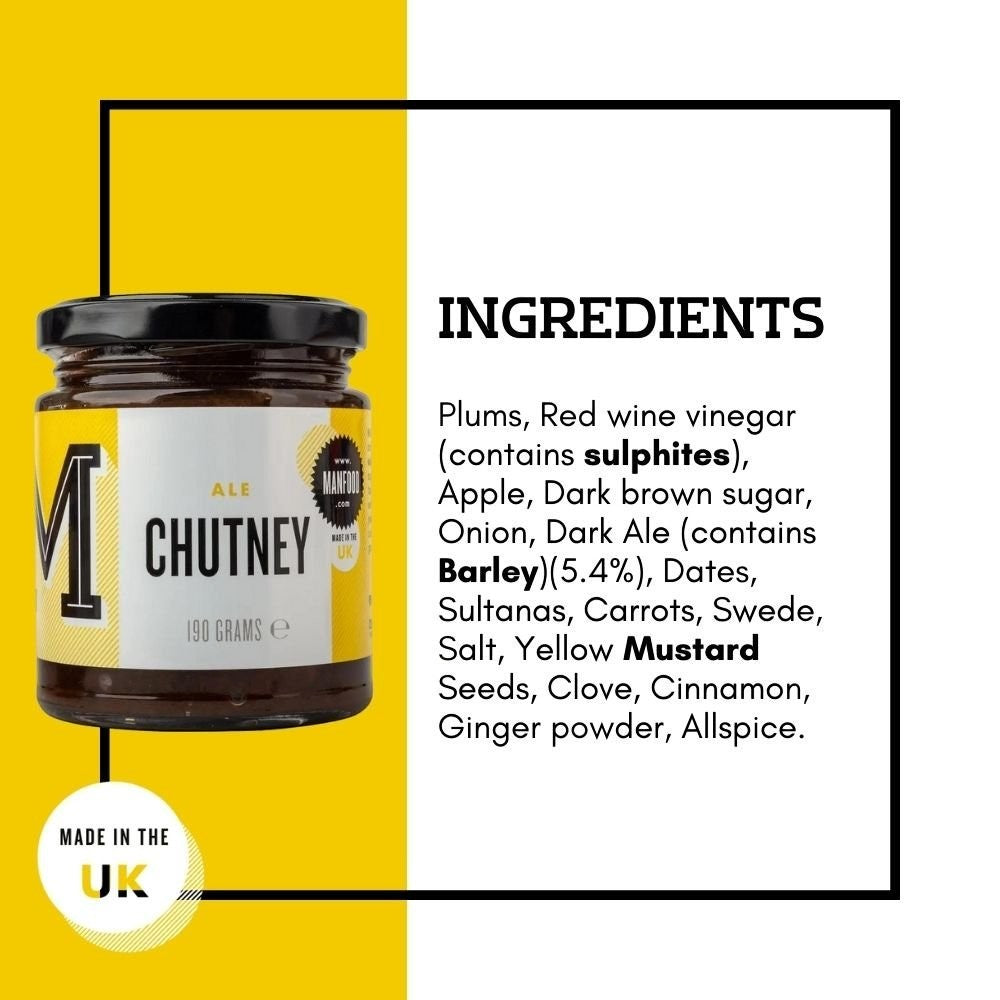 Manfood Ale Chutney jar with ingredient list, featuring dark fruit, real ale, and spices in a glass jar.