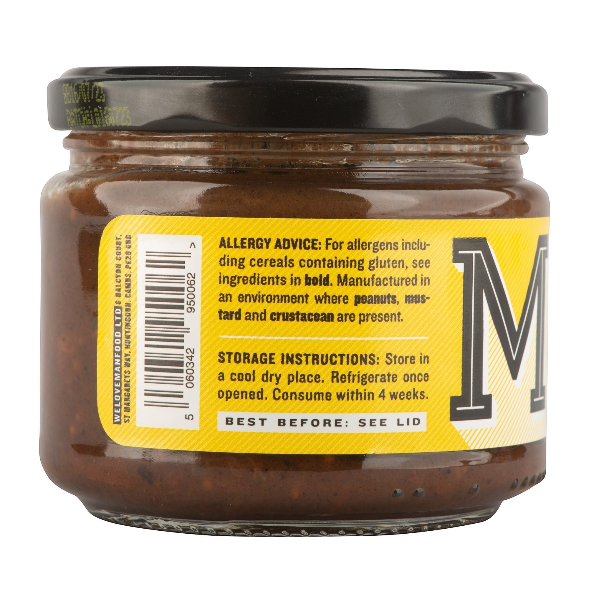 Manfood Ale Chutney jar showing the label with allergy advice and storage instructions on a white background