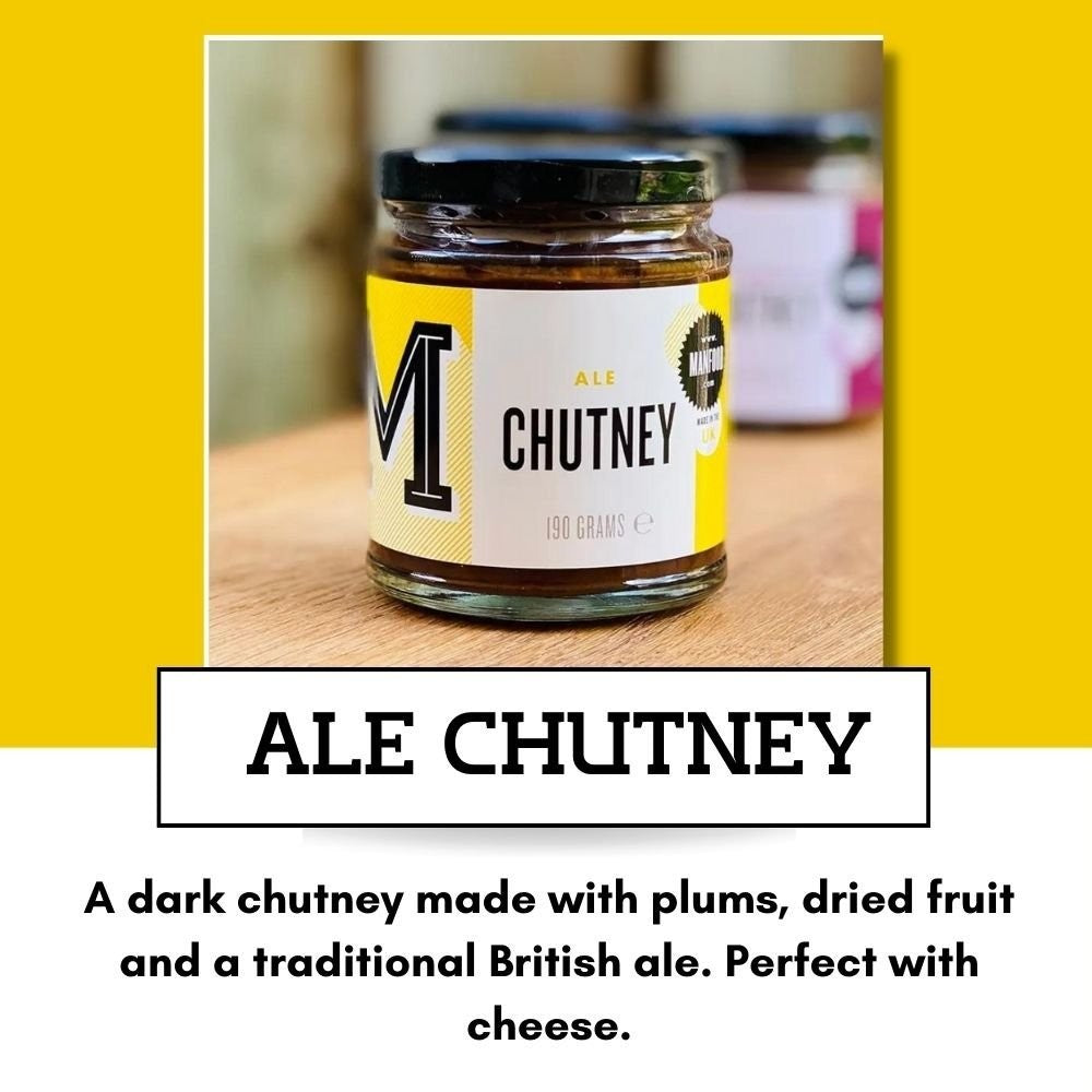 Manfood  Ale Chutney in a glass jar with a yellow label, featuring a dark, chunky plum and ale fruit preserve.