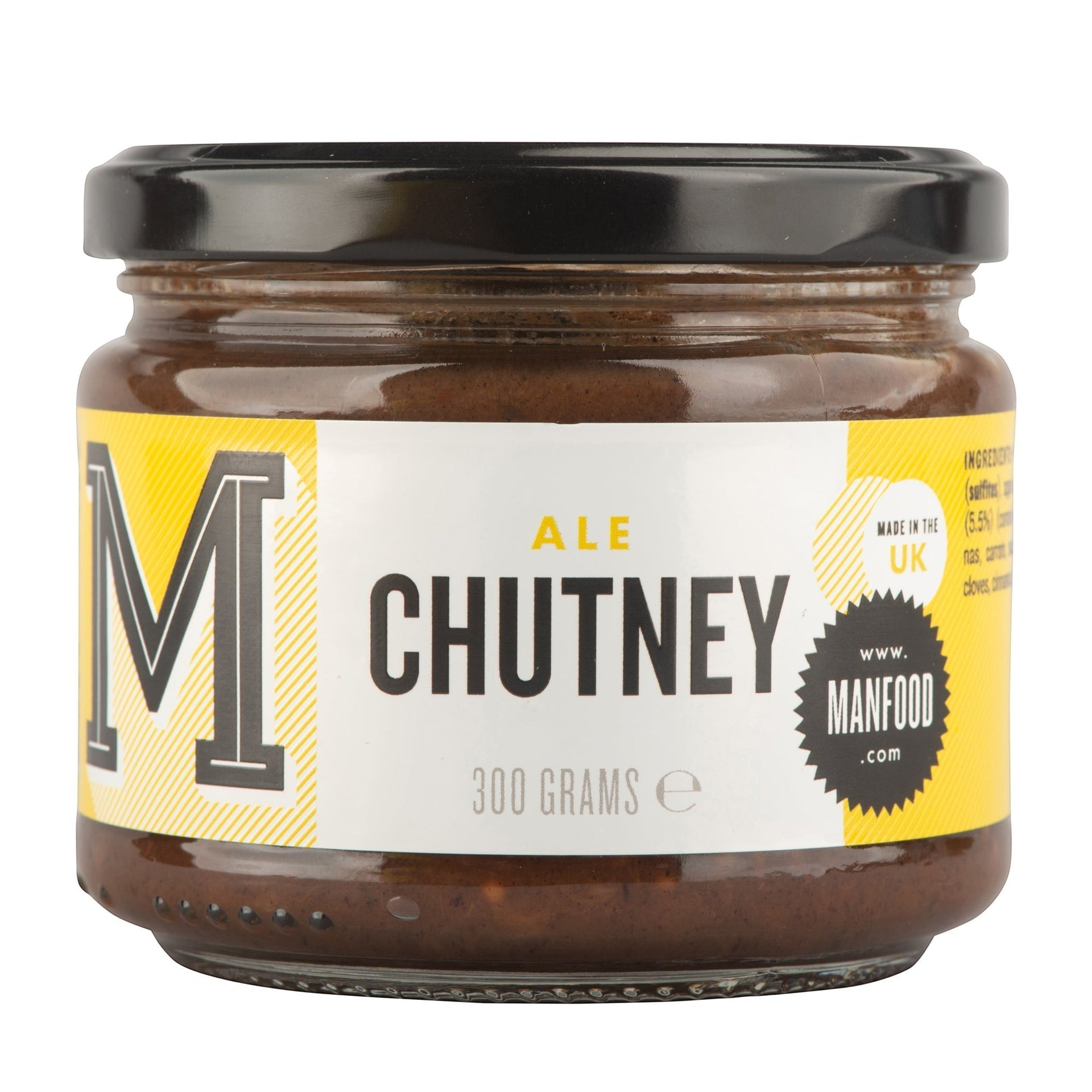 Manfood Ale Chutney in a 300g glass jar with a bold yellow and white label, perfect for charcuterie boards.