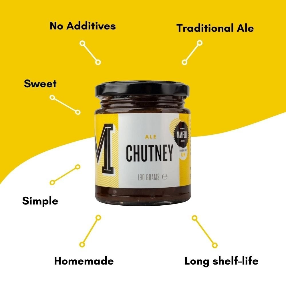 Manfood  Ale Chutney jar on a yellow background with text highlights for its artisanal, chunky fruit ingredients.