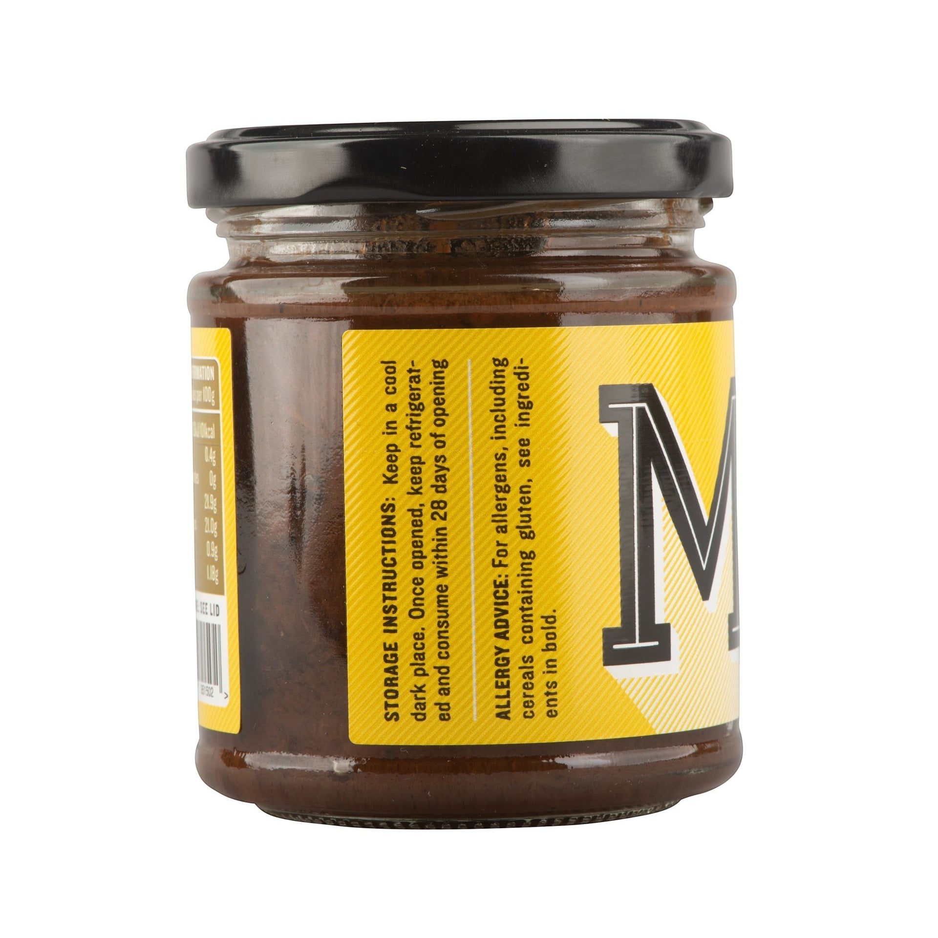 Manfood  Ale Chutney in a glass jar with a yellow label showing storage instructions and ingredients