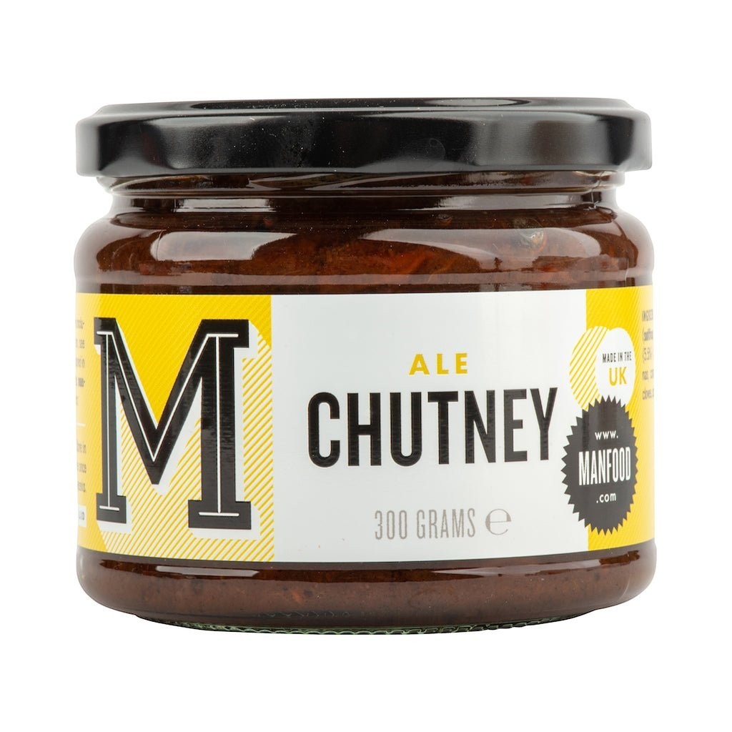 Manfood  Ale Chutney in a 300g glass jar with a black lid, featuring a yellow and white label.