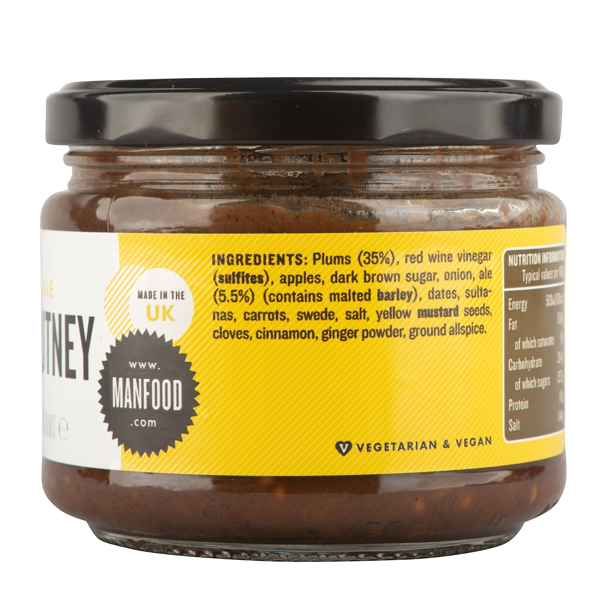 Manfood  Ale Chutney jar featuring a yellow label with ingredient details and a Made in the UK stamp.