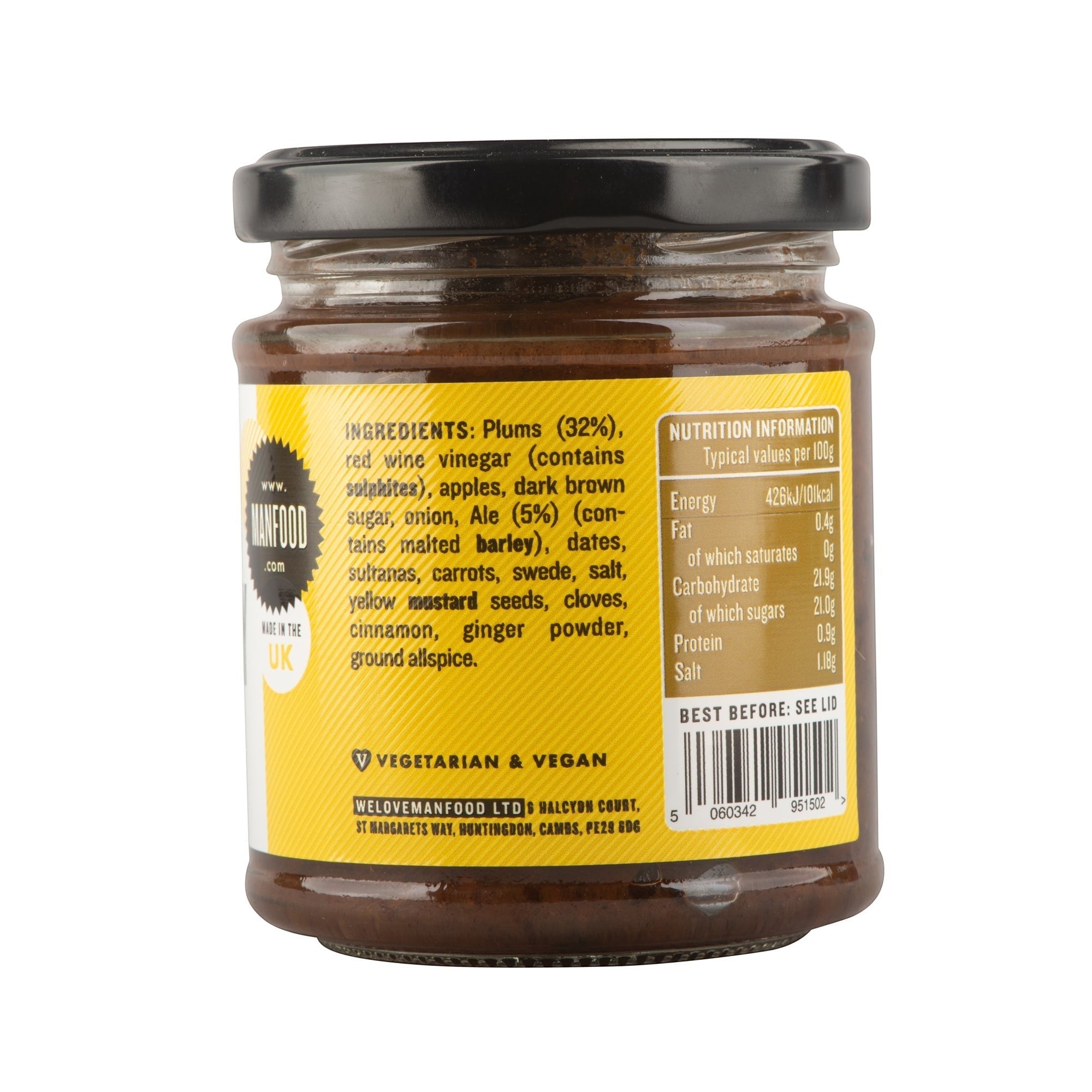 Manfood Ale Chutney jar showing ingredients and nutritional information label on a yellow background.