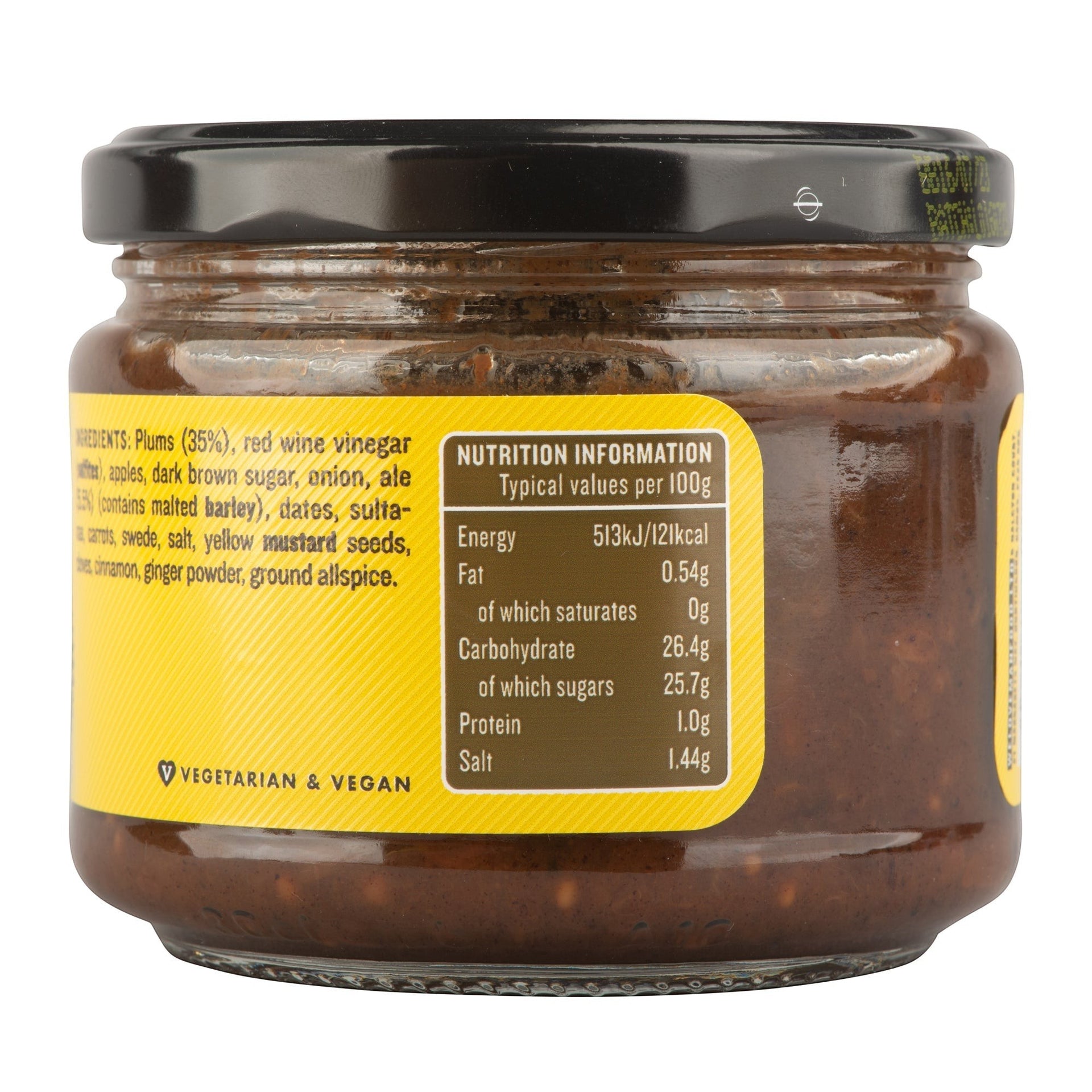 Manfood  Ale Chutney jar showing the nutritional information and ingredients label on a white background.