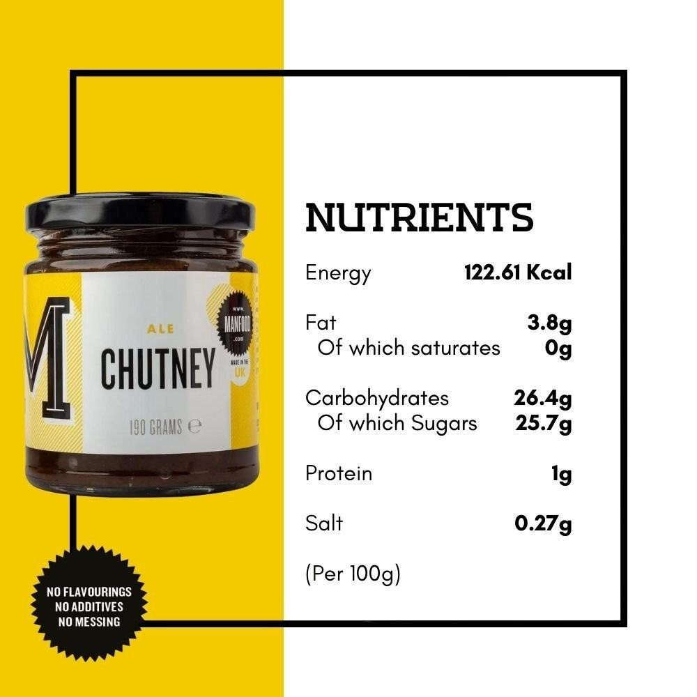Manfood  Ale Chutney jar with nutritional information label showing dark fruit ingredients and product details