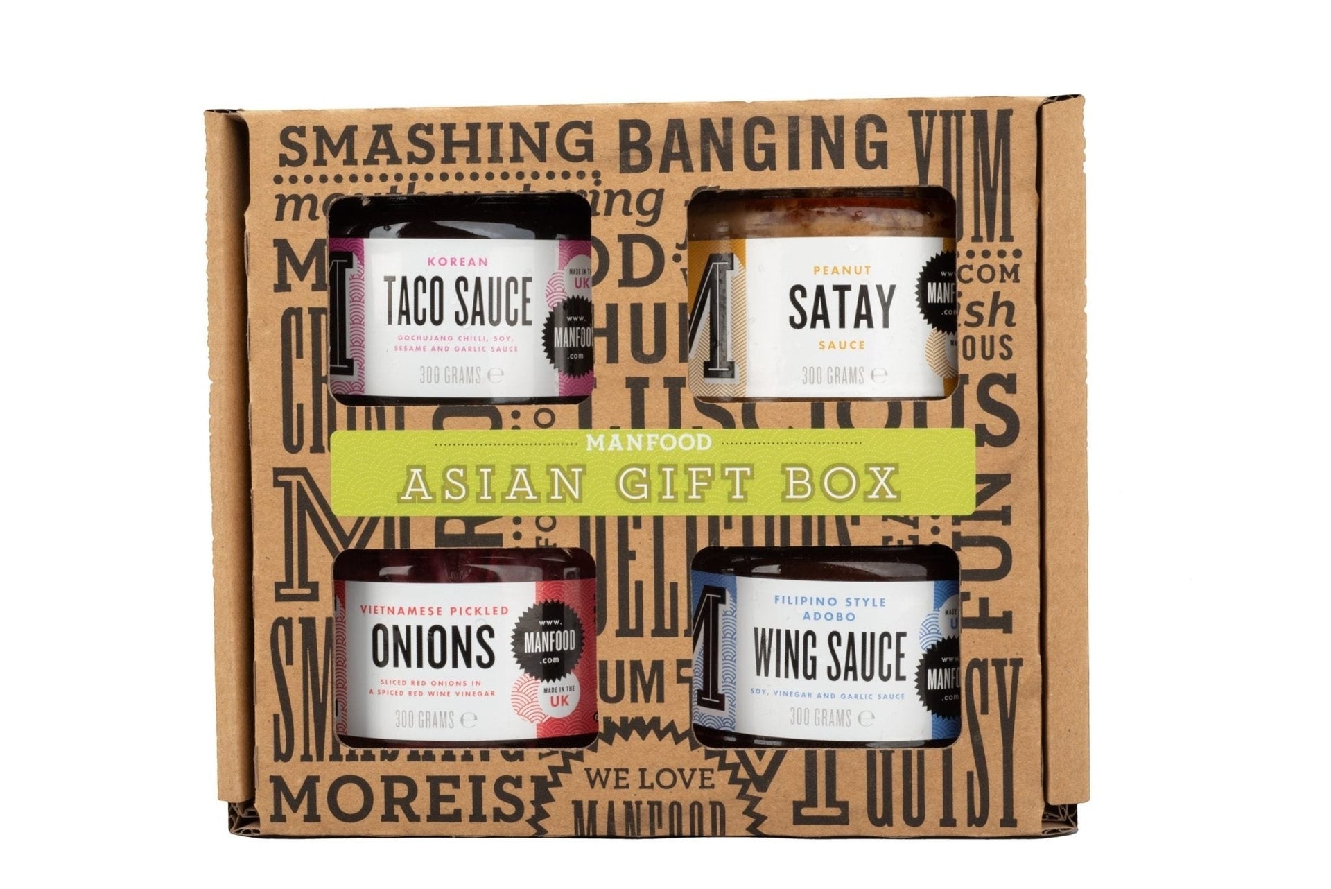 Manfood Asian gift box featuring four jars of gourmet sauces and pickles in a branded cardboard presentation box