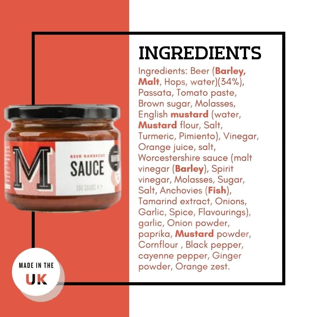 Manfood Beer Barbecue Sauce jar next to a list of ingredients including beer, tomato, and English mustard.