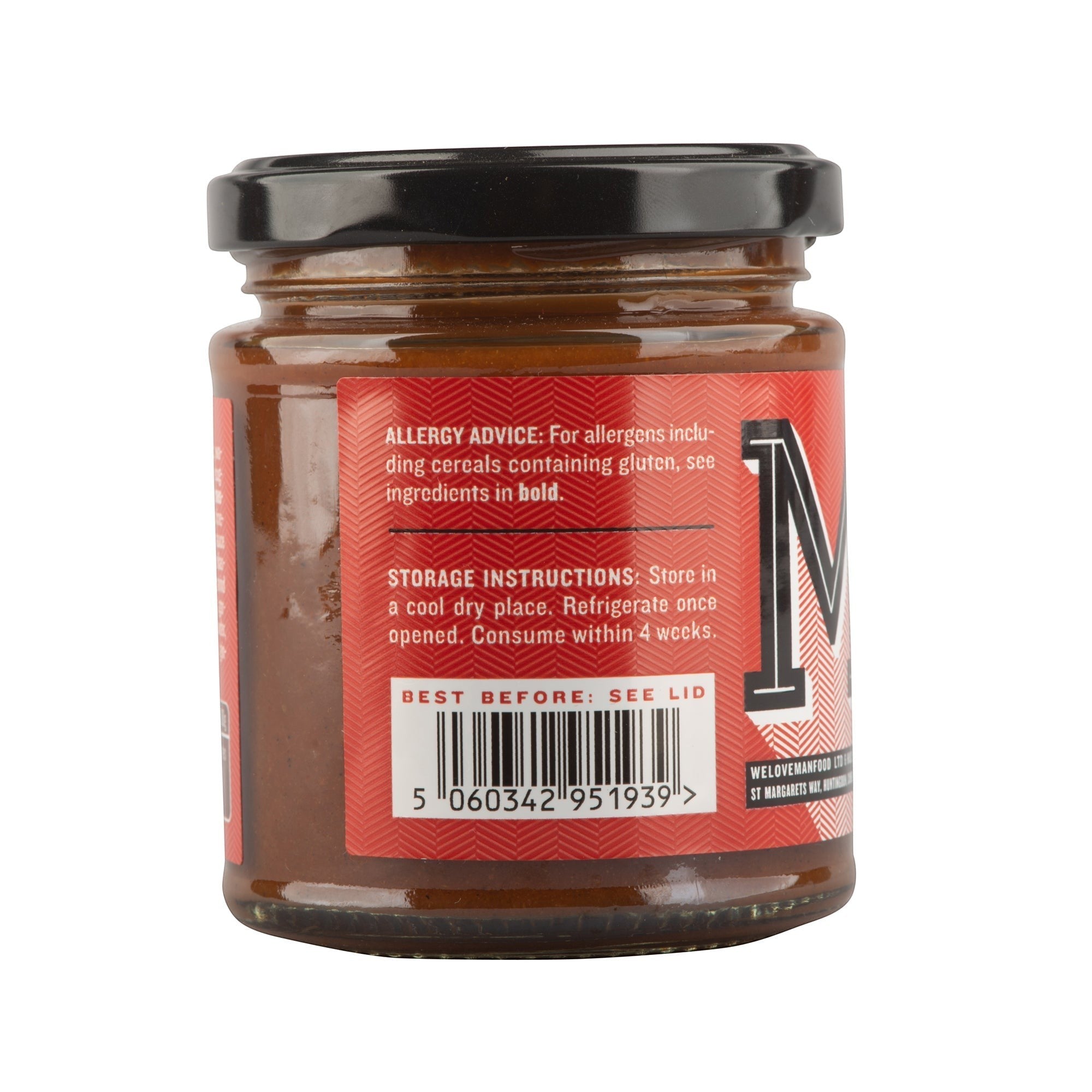 Manfood Beer Barbecue Sauce in a glass jar with a red label showing allergy and storage information