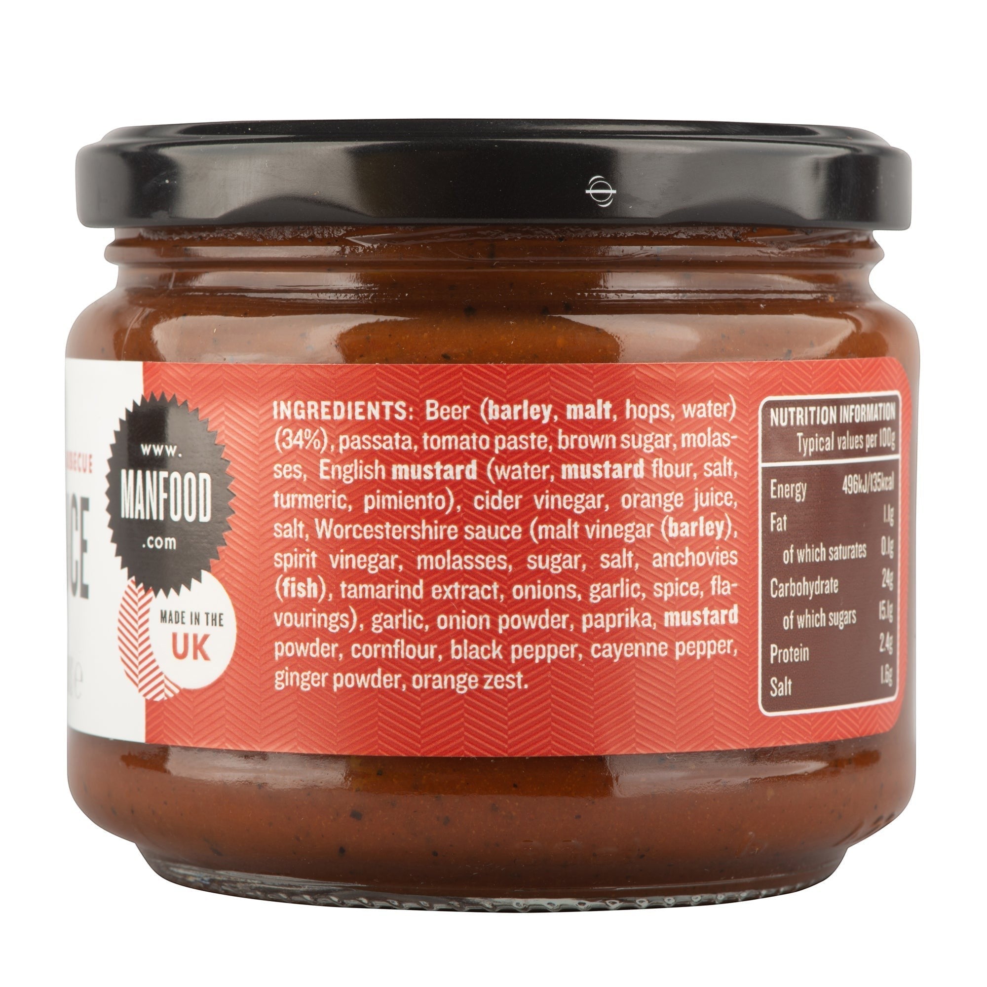 Manfood Beer Barbecue Sauce jar showing ingredients and nutrition label on a white background