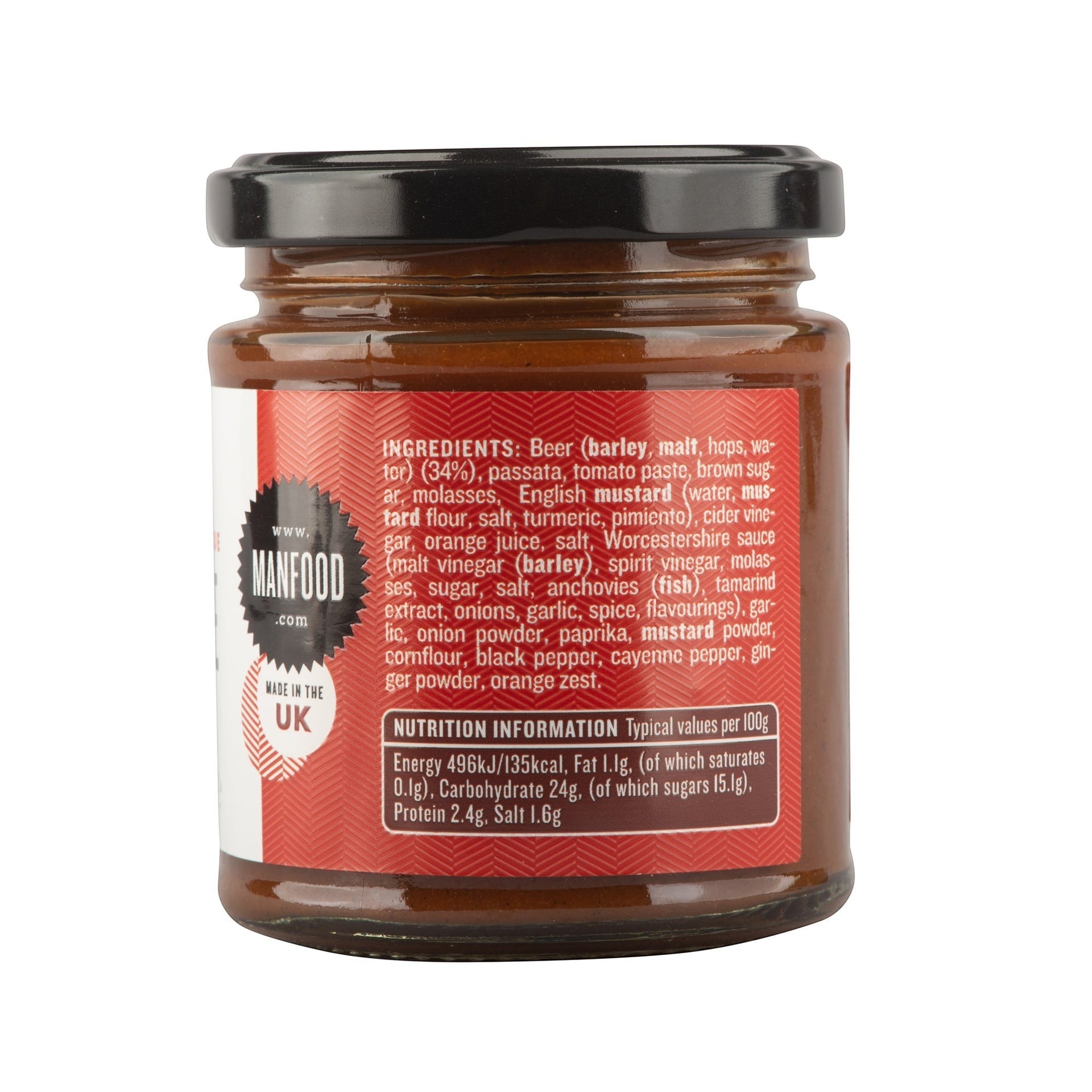 Manfood Beer Barbecue Sauce jar showing ingredients and nutrition label on a white background.