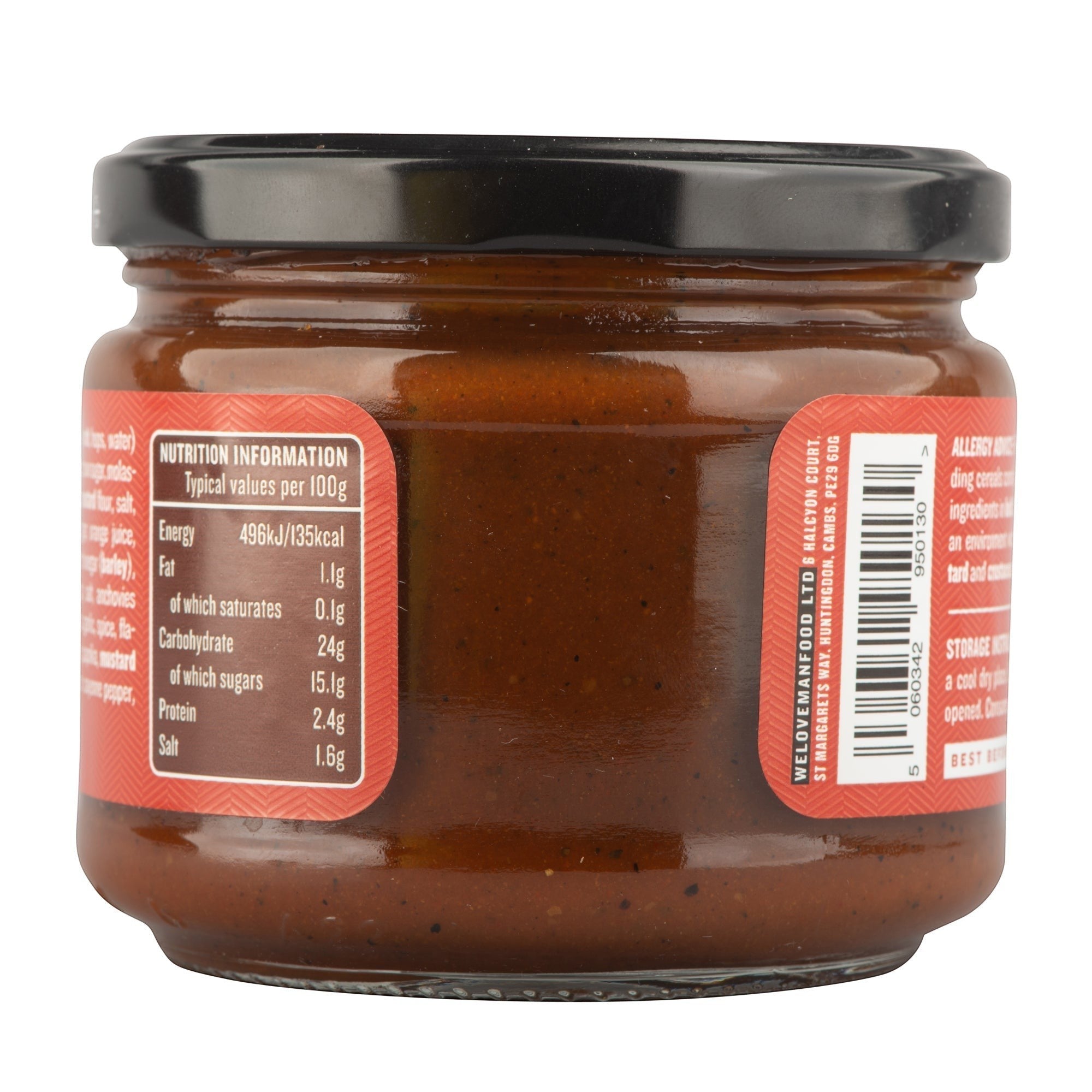 Manfood Beer Barbecue Sauce in a glass jar showing the nutrition label and ingredients list