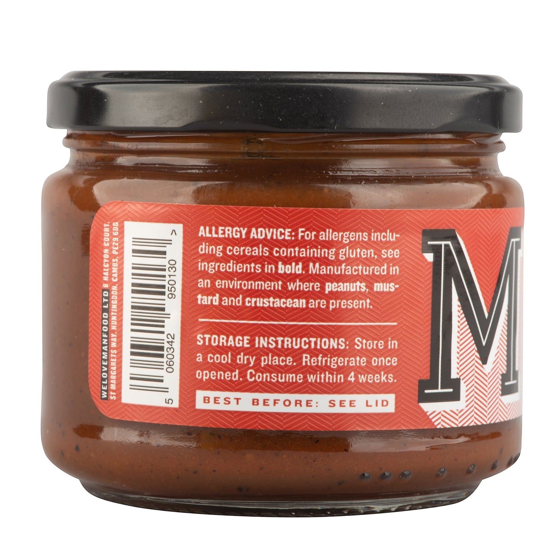 Manfood Beer Barbecue Sauce jar showing ingredient and storage information on the red label