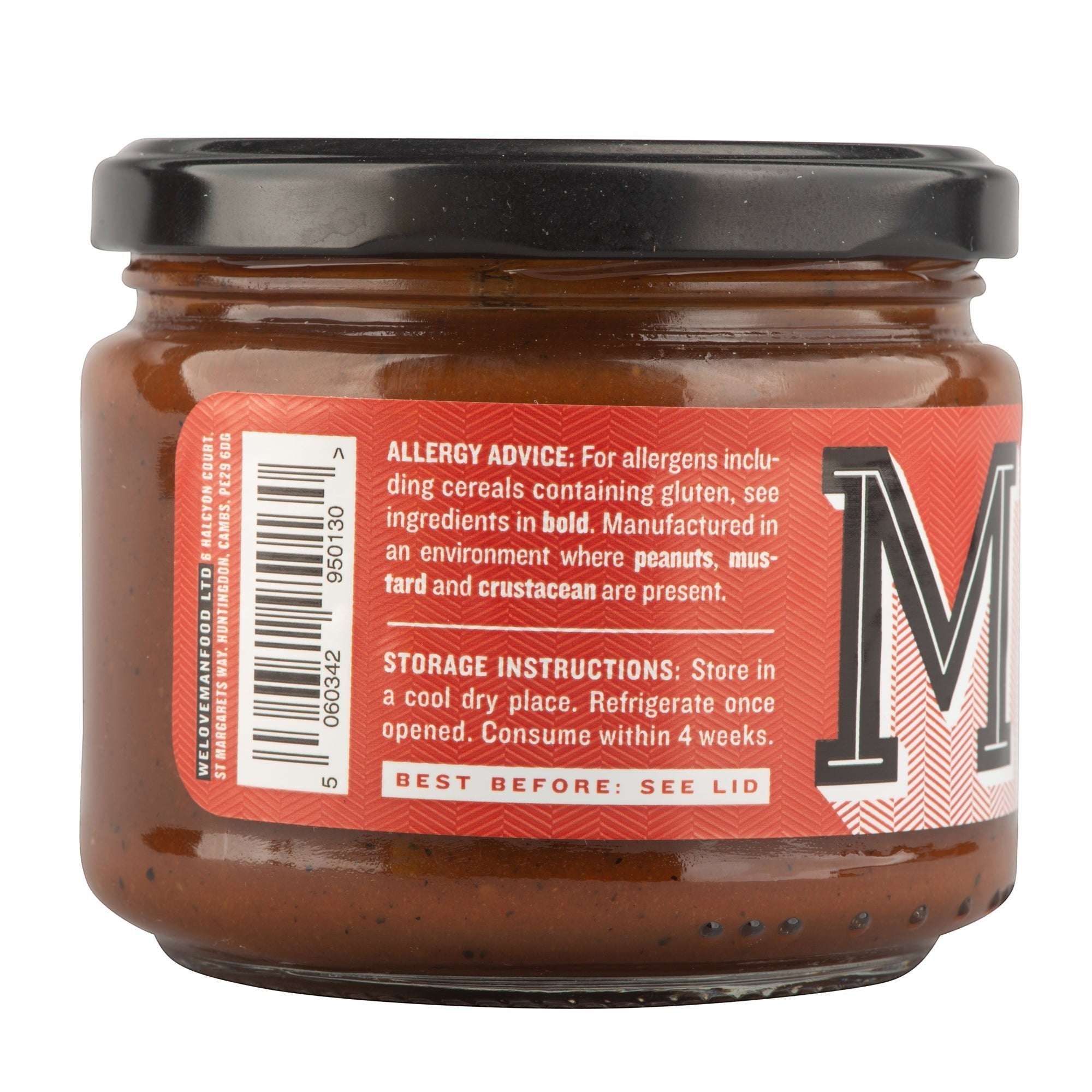 Manfood Beer Barbecue Sauce jar showing ingredient and storage information on the red label