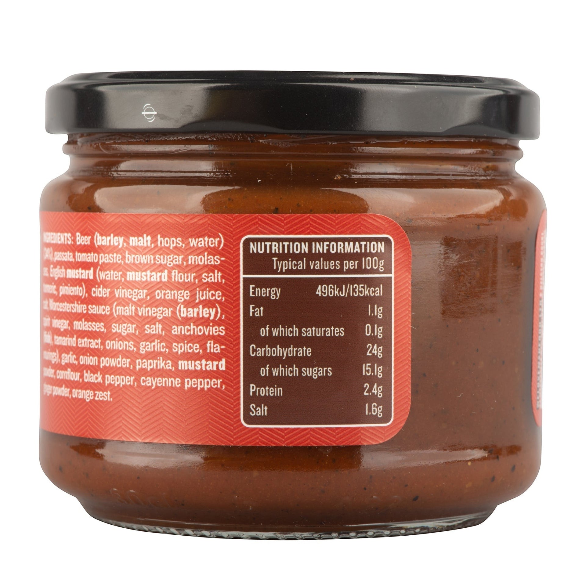 Manfood Beer Barbecue Sauce jar showing nutrition information and ingredients label on a white background