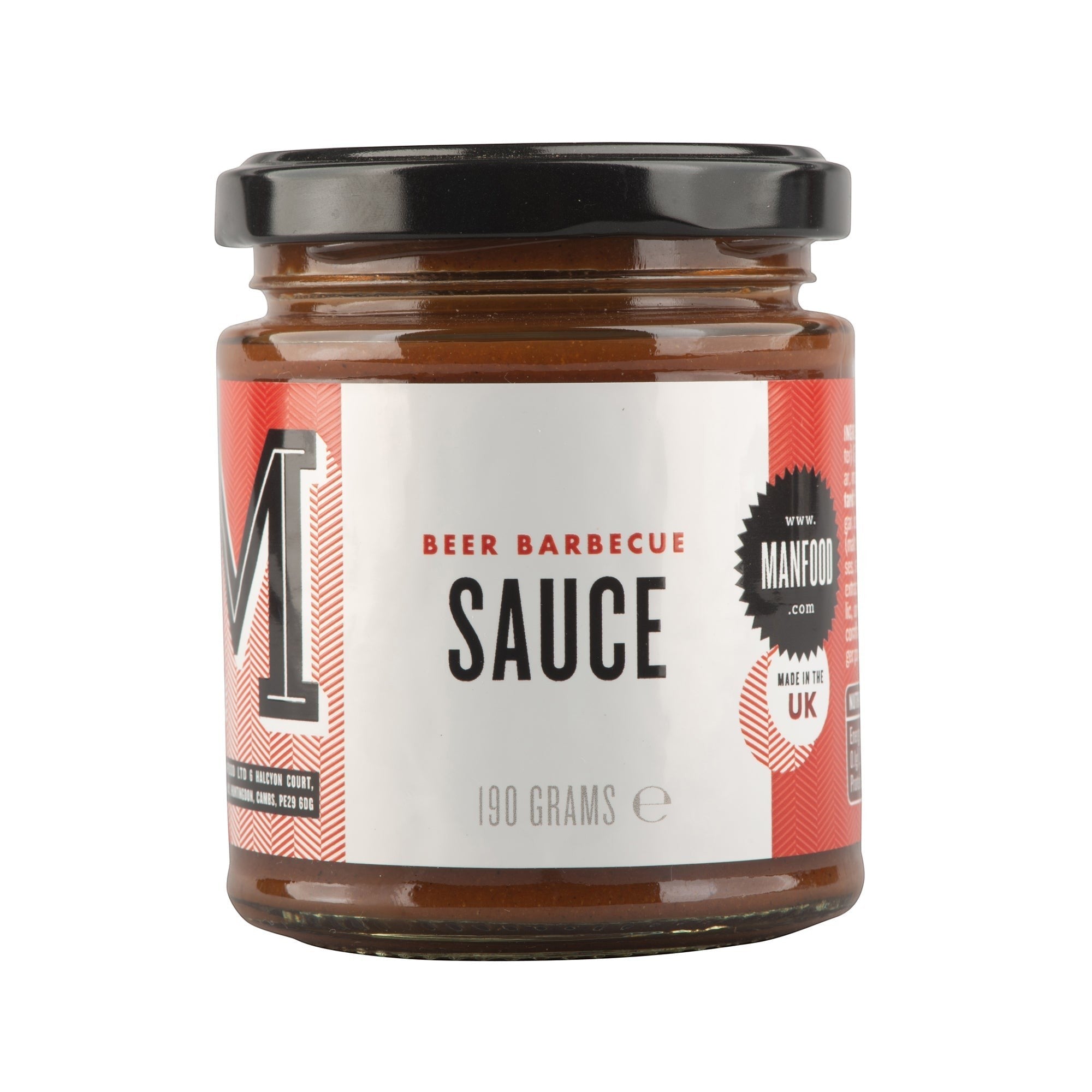 Manfood Beer Barbecue Sauce in a 190g glass jar with a white label and black lid for grilling and marinating.