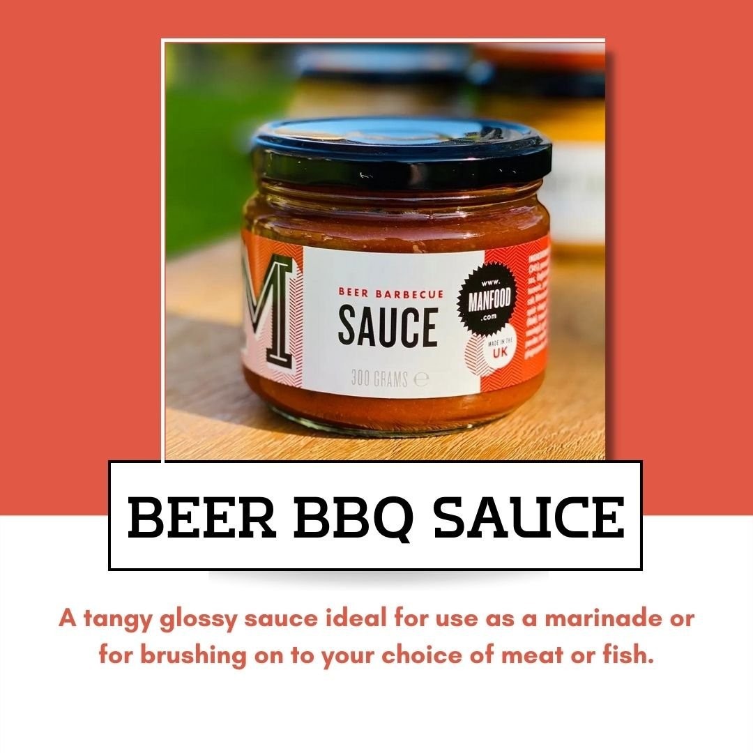 Manfood Beer Barbecue Sauce in a glass jar with a black lid, featuring a bold label with artisanal branding.