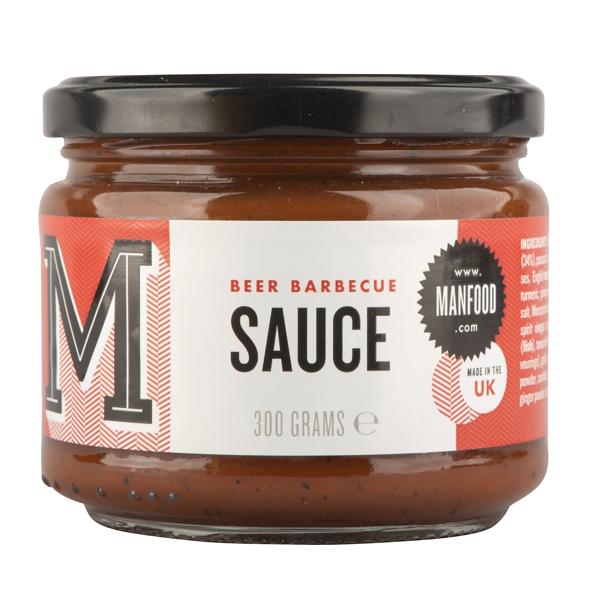 Manfood Beer Barbecue Sauce in a 300g glass jar with a bold red and white label featuring the letter M.