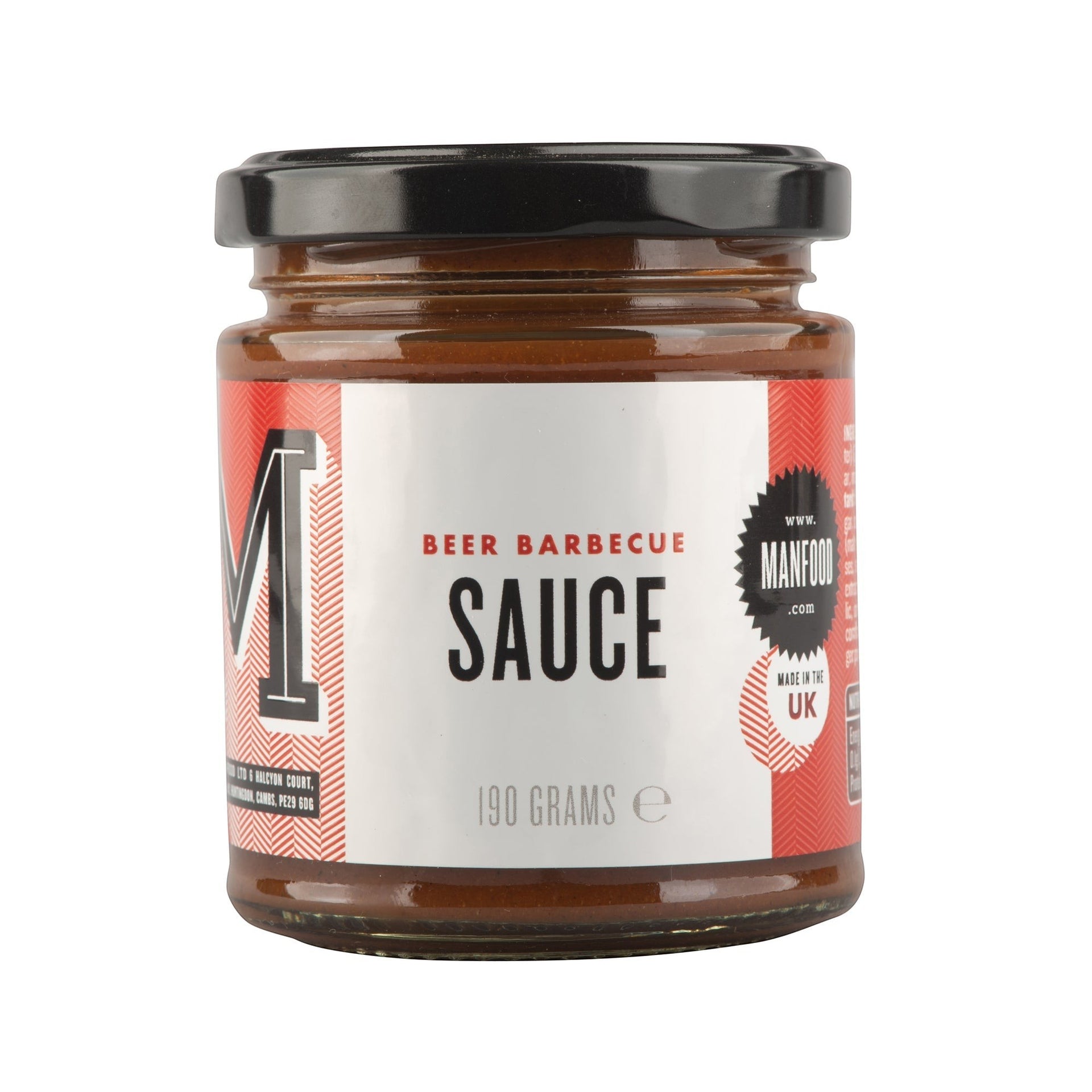 Manfood Cambs Beer Barbecue Sauce in a glass jar with a black lid, featuring a bold red and white label.
