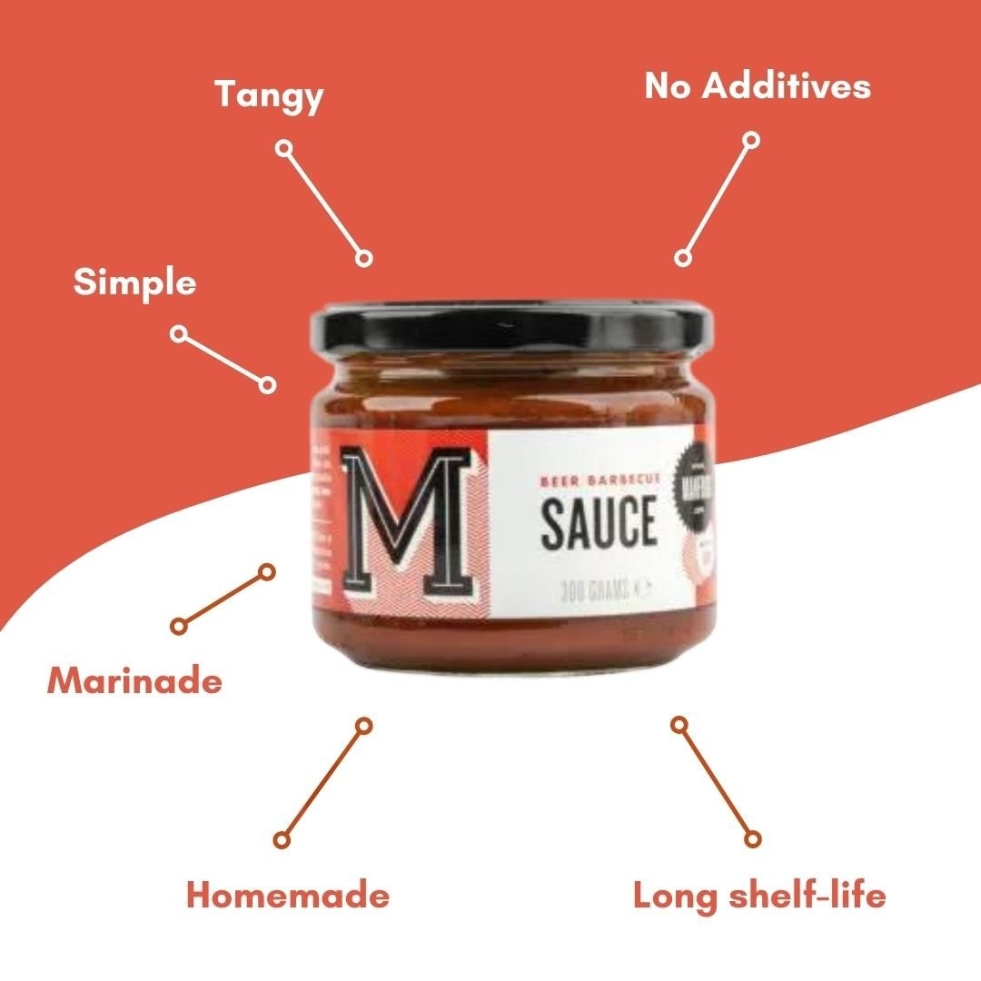 Manfood Beer Barbecue Sauce in a glass jar with a bold M logo, featuring tangy, additive-free ingredients.