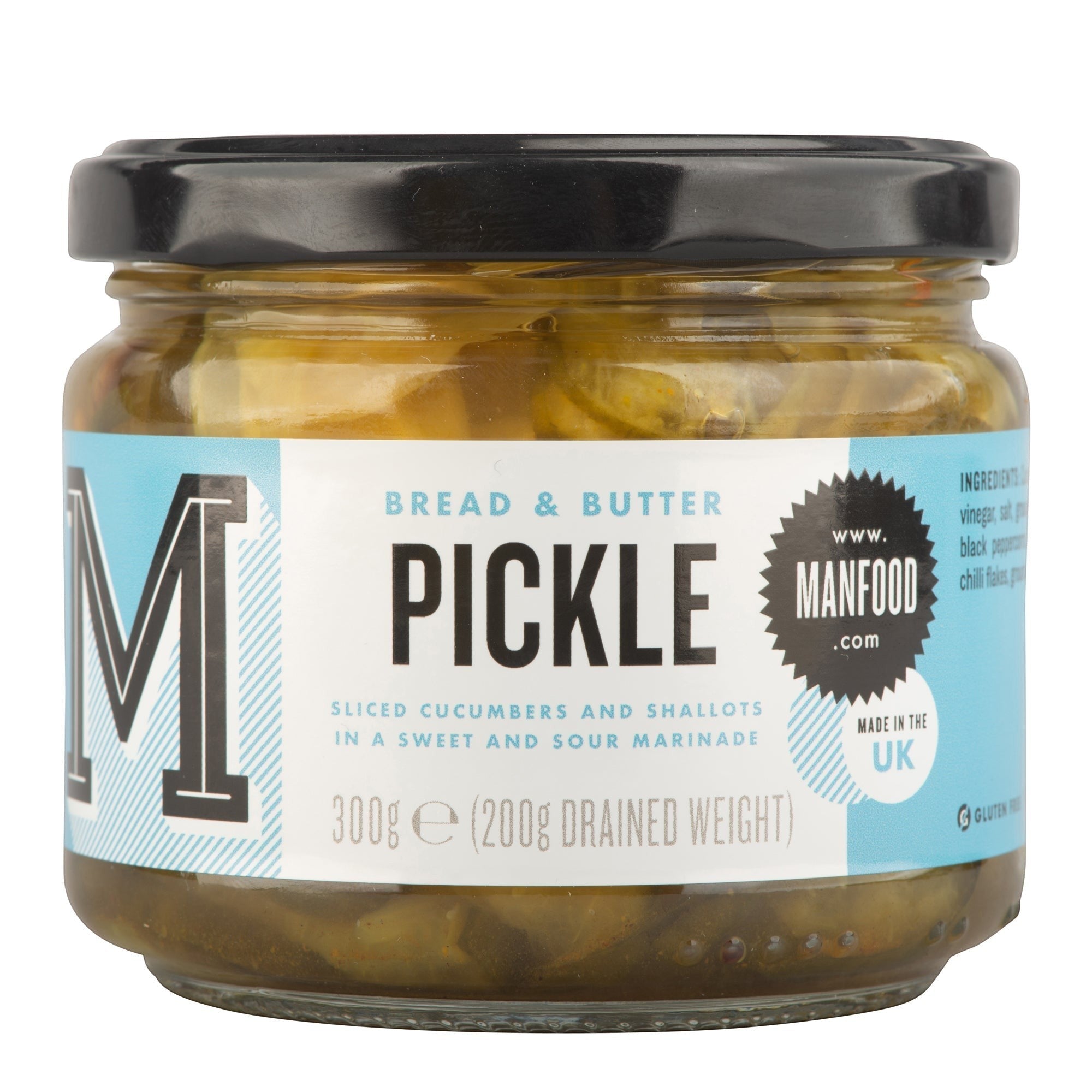 Manfood Bread and Butter Pickle jar featuring sliced cucumbers and shallots in a sweet and sour marinade