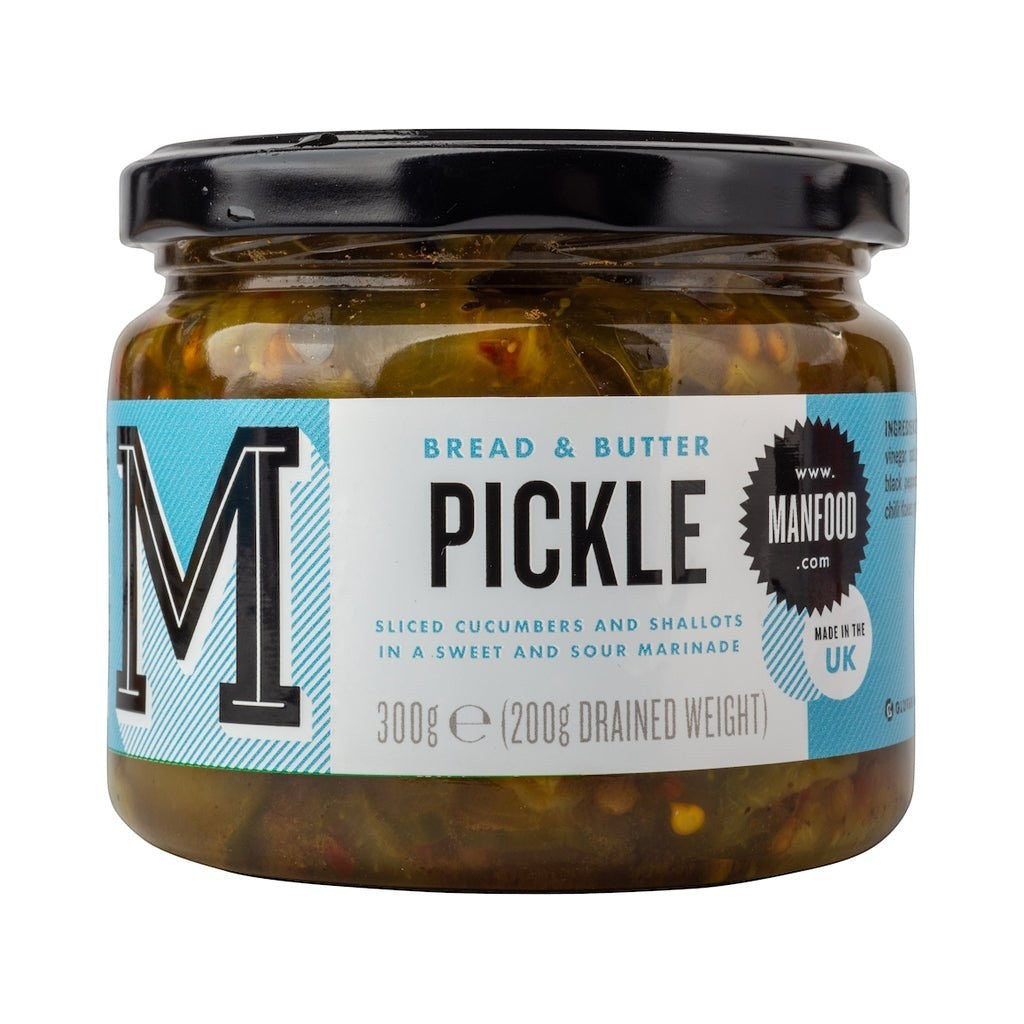 Manfood Bread and Butter Pickle jar with sliced cucumbers and shallots in a sweet and sour spiced marinade