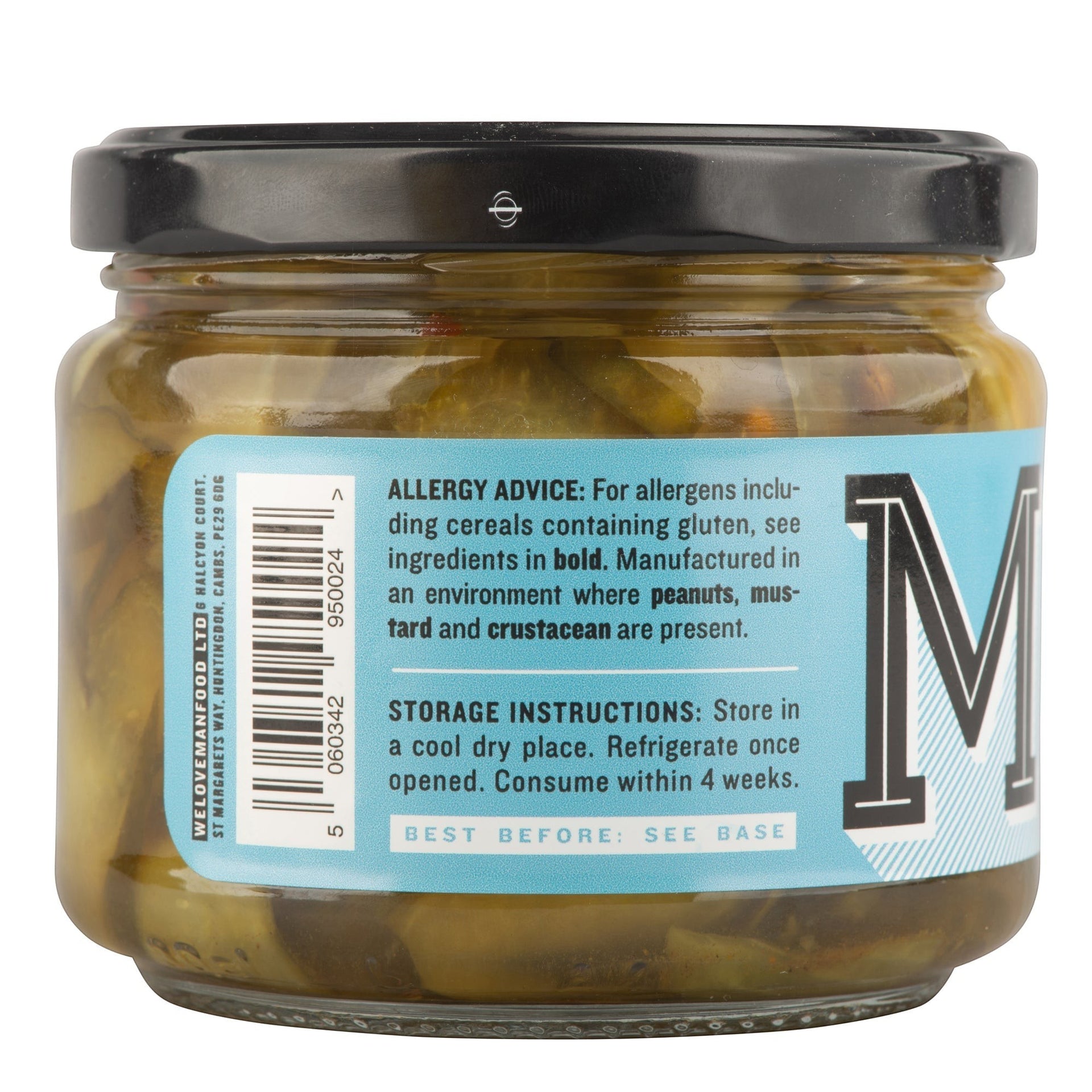 Manfood Bread and Butter Pickles in a glass jar with a blue label showing ingredients and storage instructions.