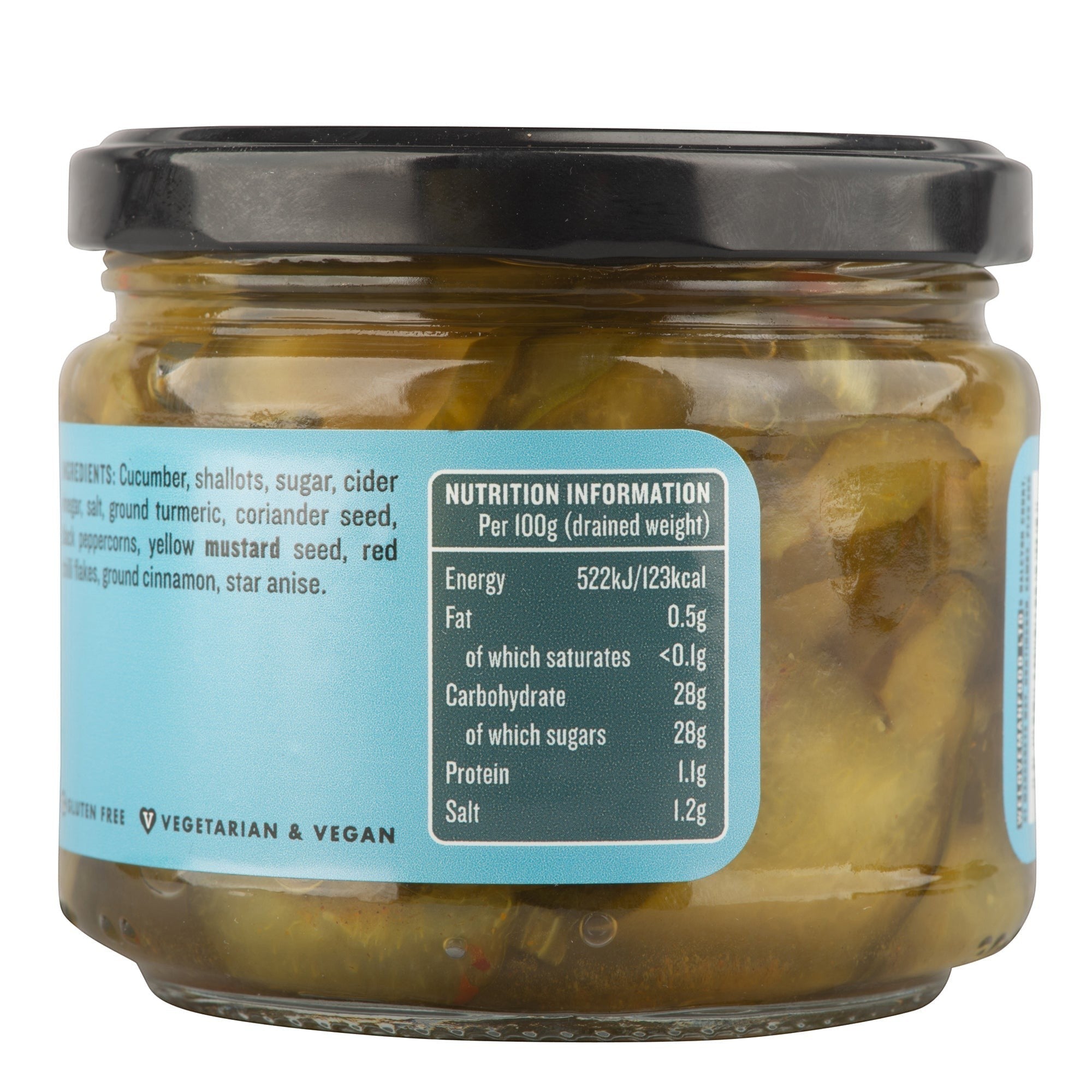Manfood Bread and Butter Pickles jar showing nutritional information label and ingredients list