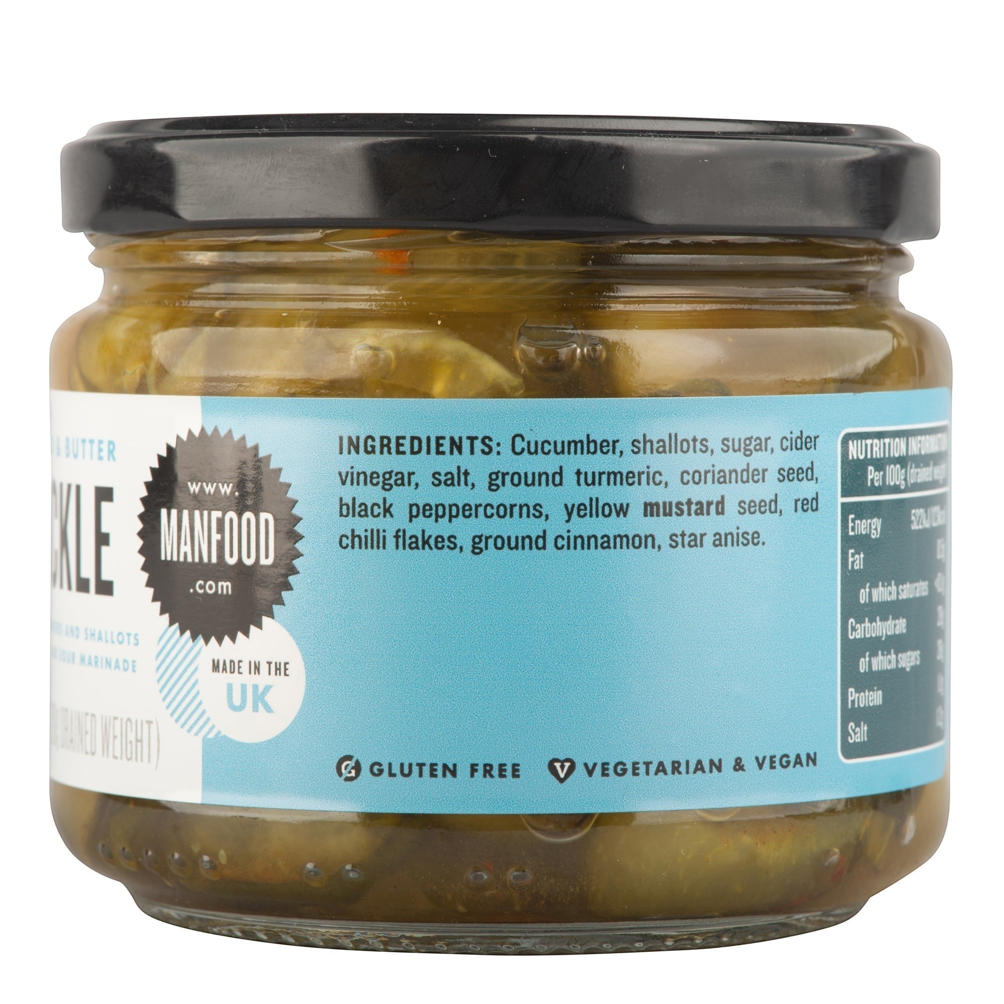 Manfood Bread and Butter Pickles in a glass jar with a light blue label featuring ingredients and nutritional info
