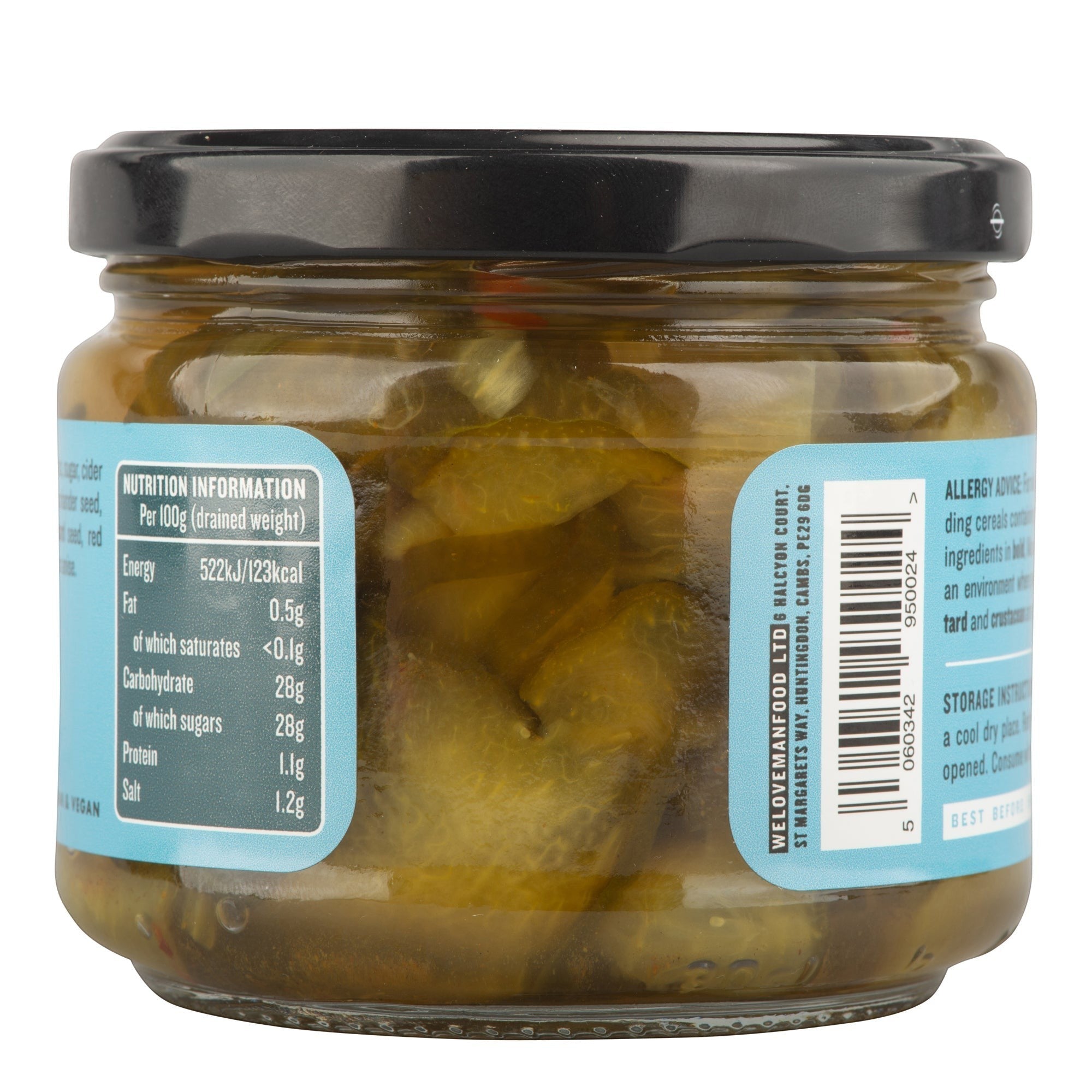 Manfood Bread and Butter Pickles in a glass jar with a black lid, showing nutritional label and ingredients.