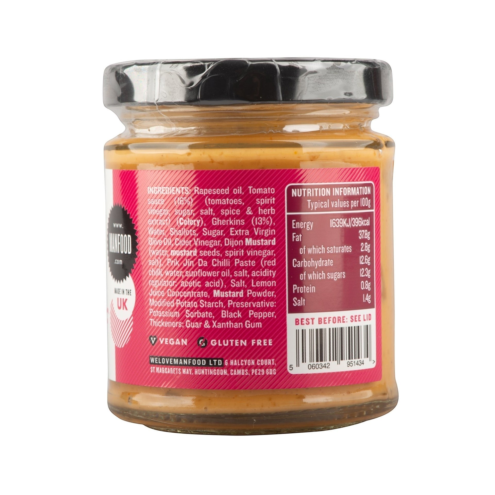Manfood vegan burger sauce jar showing the ingredient list and nutritional information label on the back
