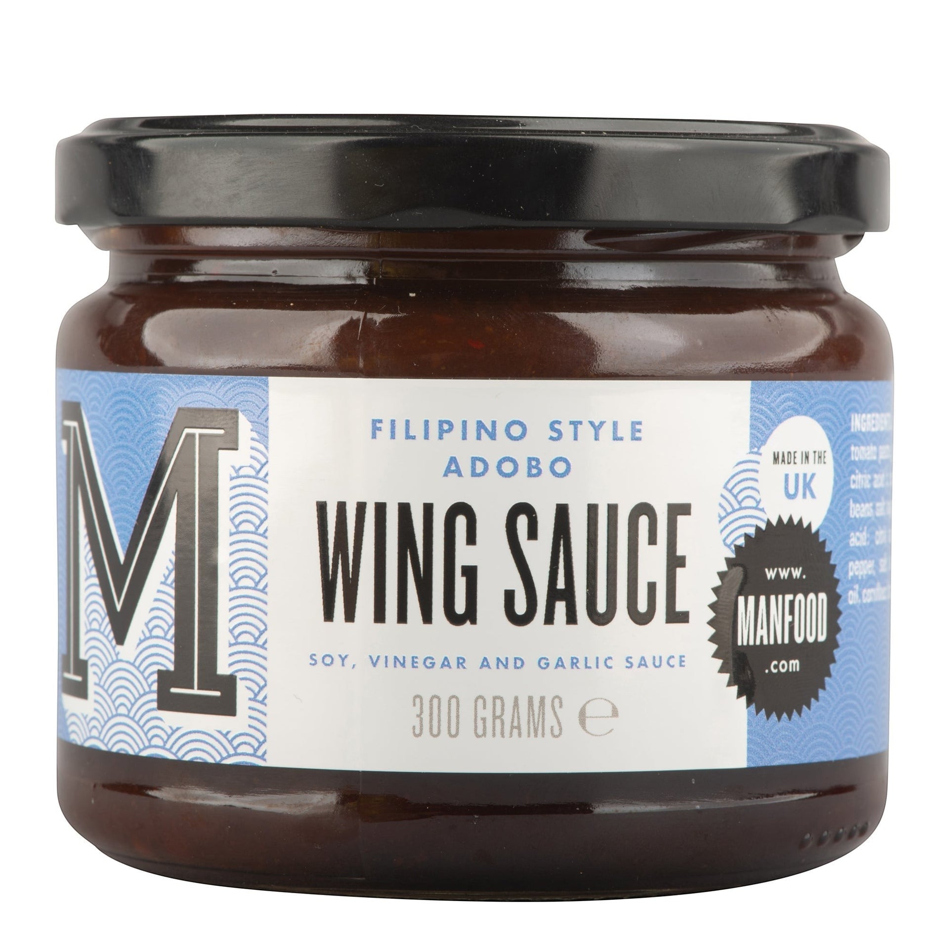 Manfood Cambs Filipino style Adobo wing sauce in a 300g glass jar with a black lid and blue and white label
