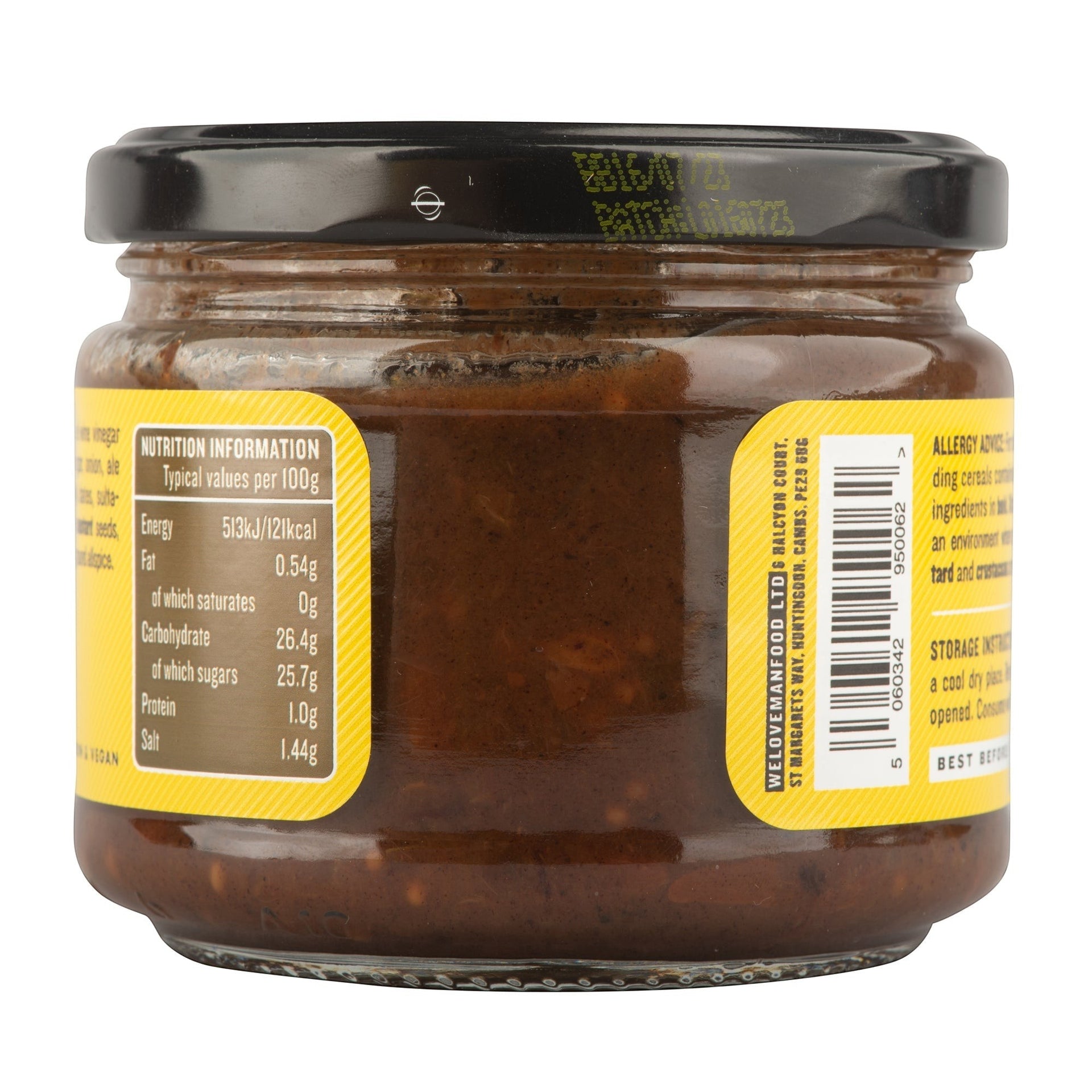 Manfood  Ale Chutney in a glass jar with a black lid, showing the nutritional information label.