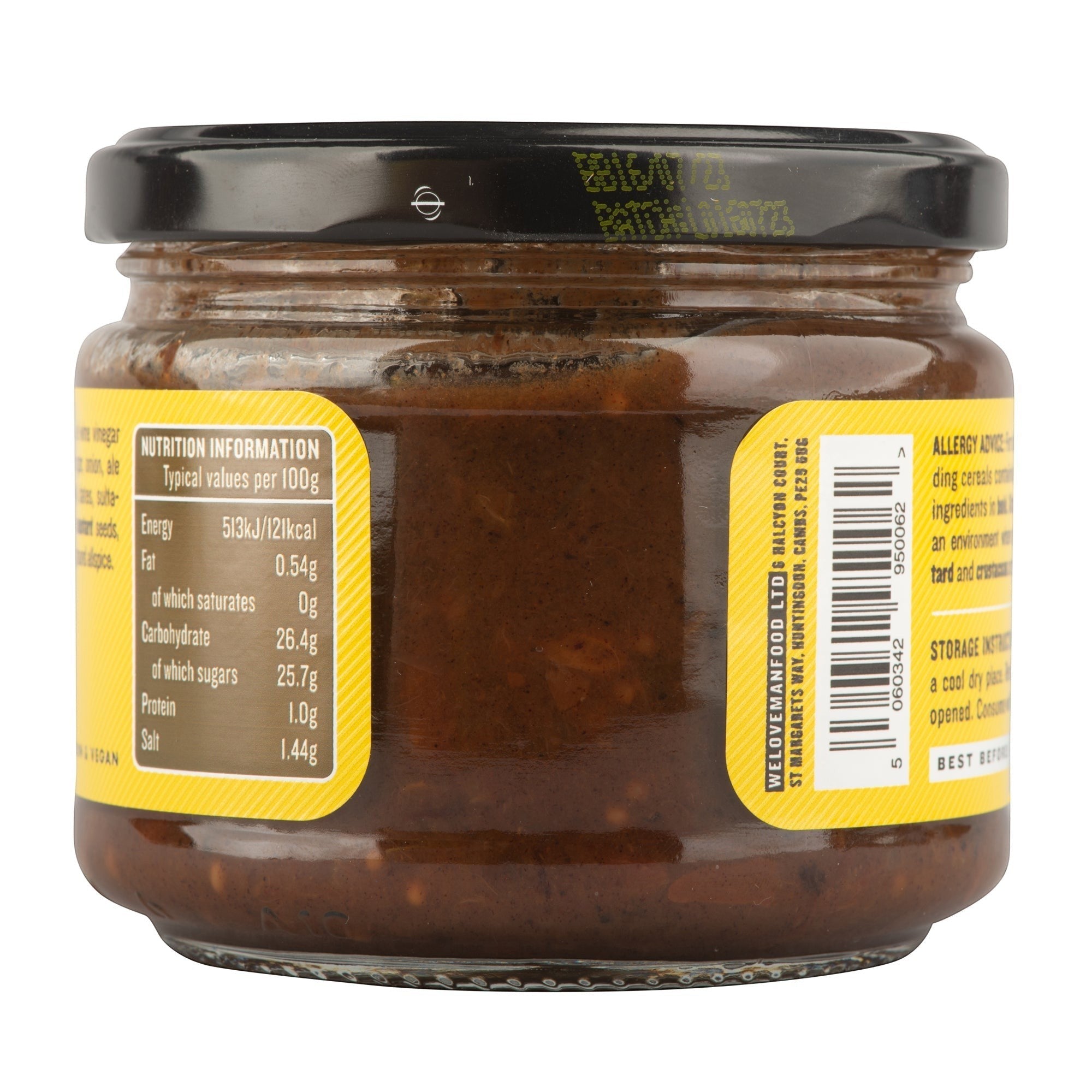 Manfood  Ale Chutney in a glass jar with a black lid, showing the nutritional information label.