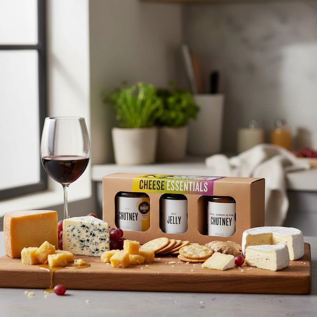 Manfood Cambs Cheese Essentials gift set featuring three jars of chutney and jelly served on a wooden board with cheese