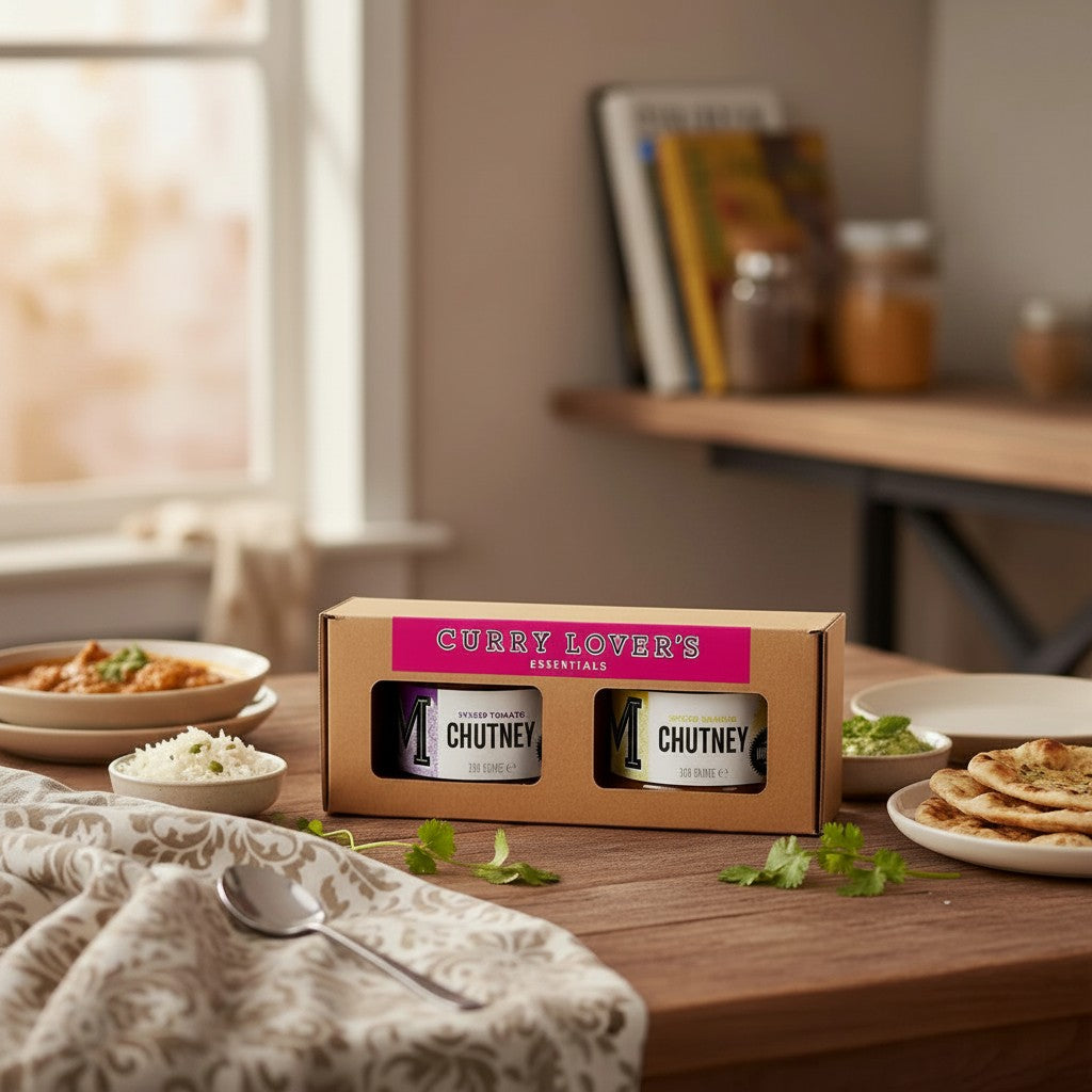 Manfood Cambs Curry Lover's Chutney gift set featuring spiced tomato and mango chutneys in a rustic presentation box.