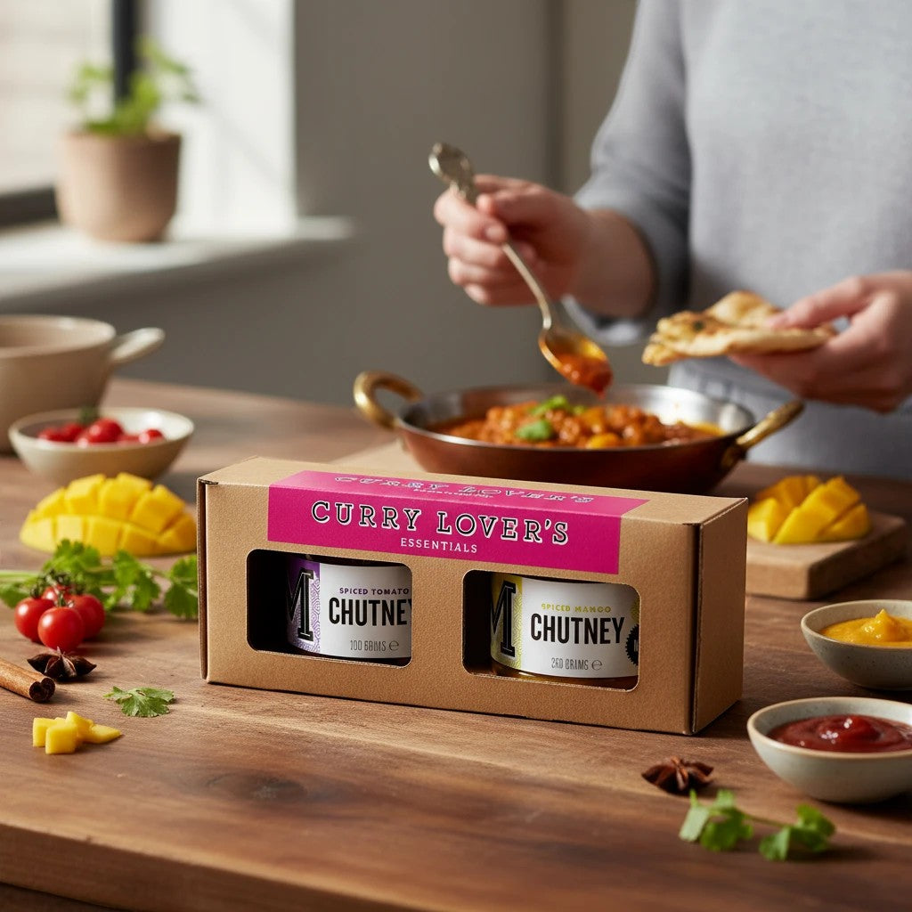 Manfood Cambs Curry Lover's Chutney gift set featuring spiced tomato and mango chutneys in a rustic presentation box.
