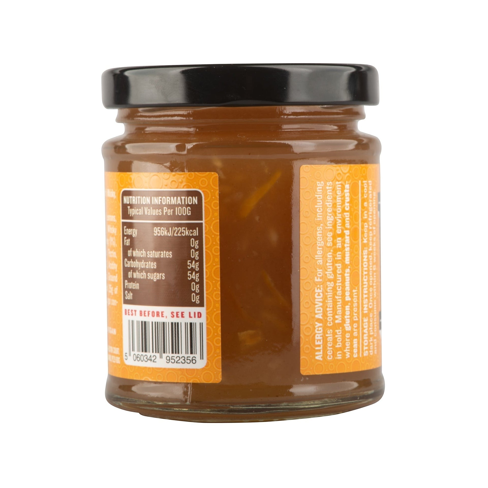 Manfood Cambs Hot Toddy Marmalade jar showing nutritional information label and barcode on the back