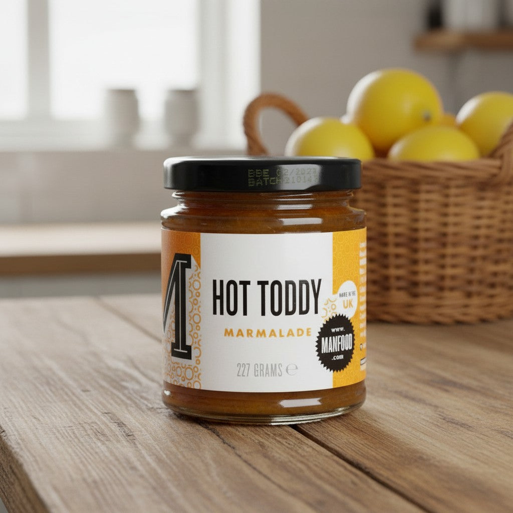 Manfood Cambs Hot Toddy Marmalade jar with lemon, whisky, honey, and ginger on a wooden table with lemons in background