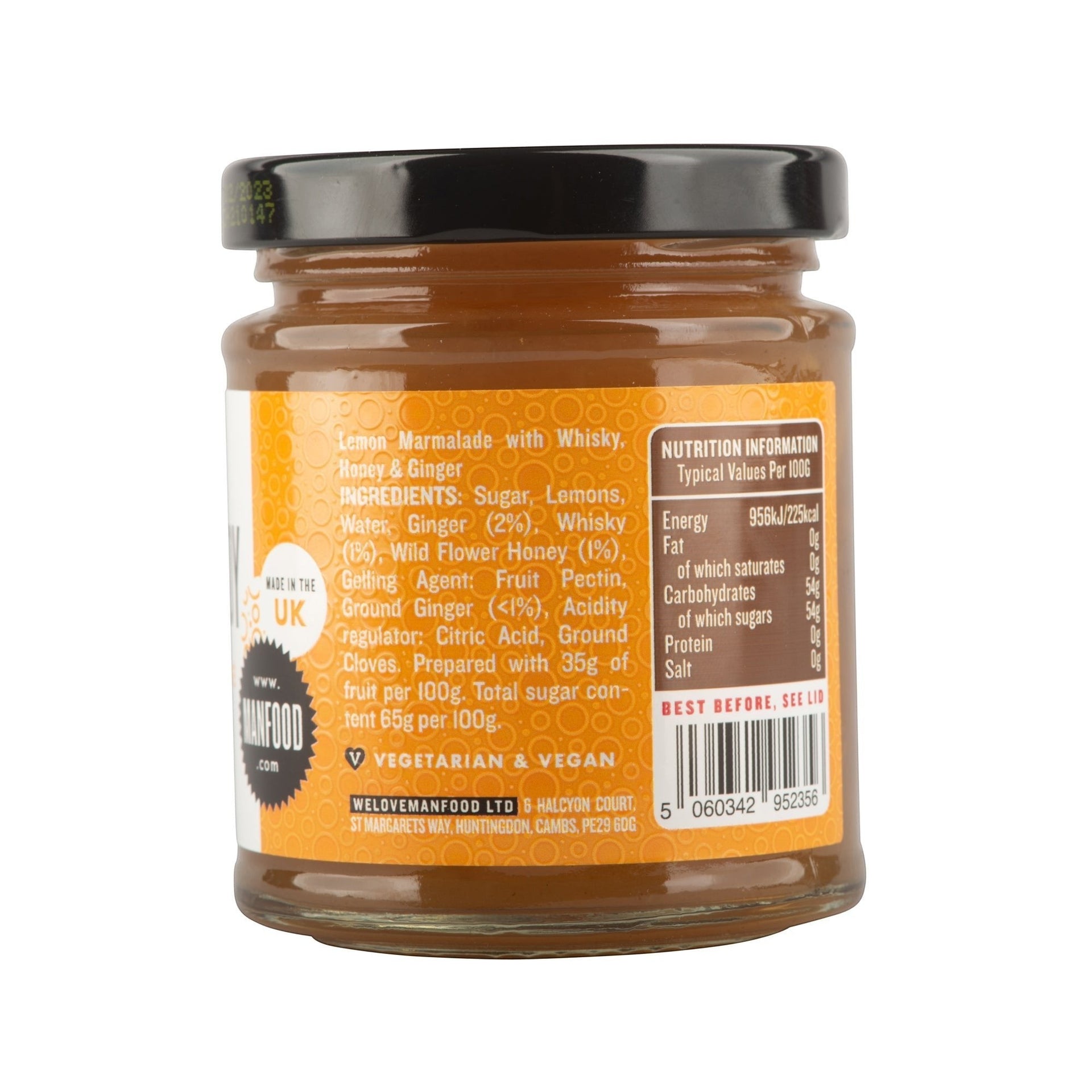 Manfood Cambs Hot Toddy Marmalade jar showing nutritional information, ingredients, and vegetarian vegan labels