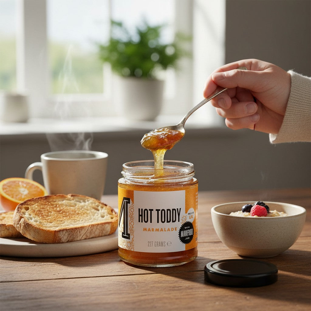 Manfood Cambs Hot Toddy Marmalade jar with a spoon drizzling lemon, ginger, and whisky preserve over breakfast toast.