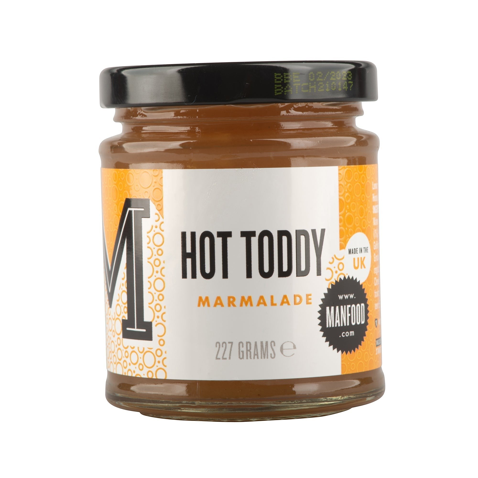 Manfood Cambs Hot Toddy marmalade in a 227g glass jar with a black lid, featuring ginger, lemon, and whisky flavours.