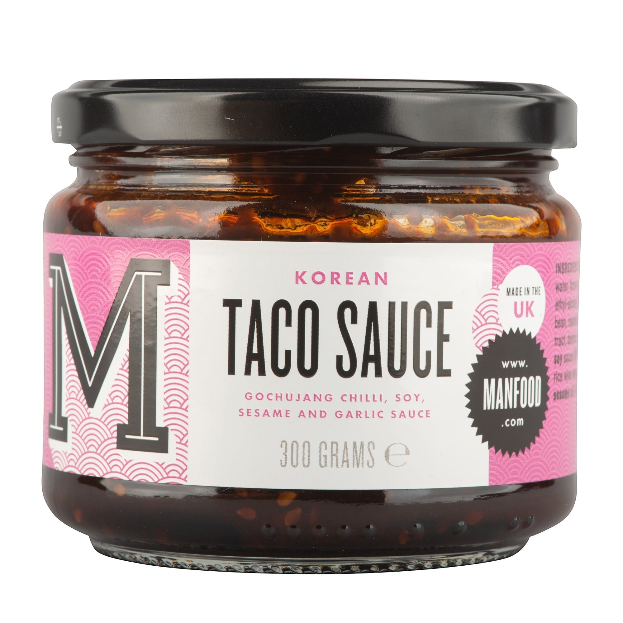 Manfood Cambs Korean Taco Sauce in a 300g glass jar with a pink and white label featuring gochujang chilli and soy.