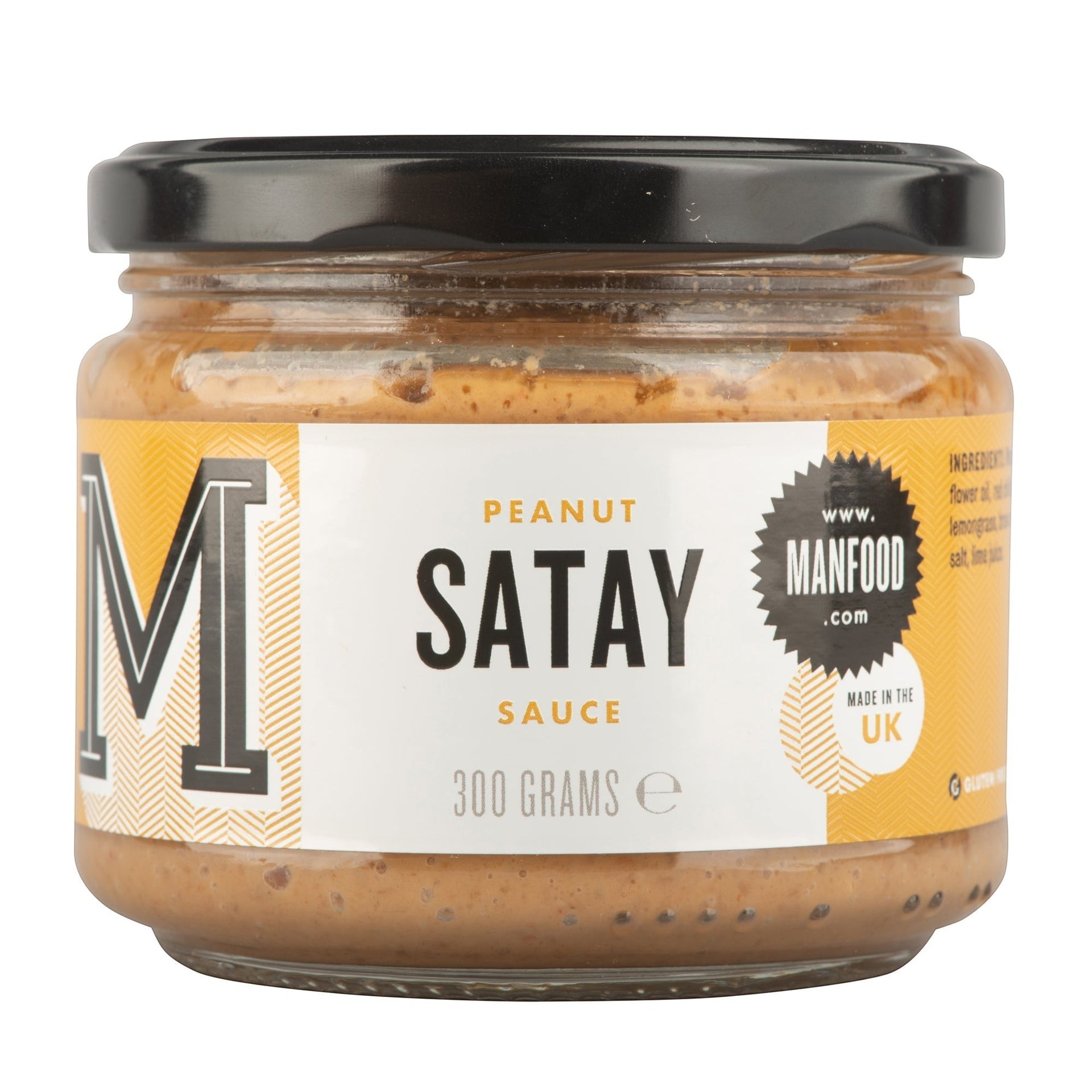 Manfood Cambs peanut satay sauce in a 300g glass jar with a black lid and yellow label