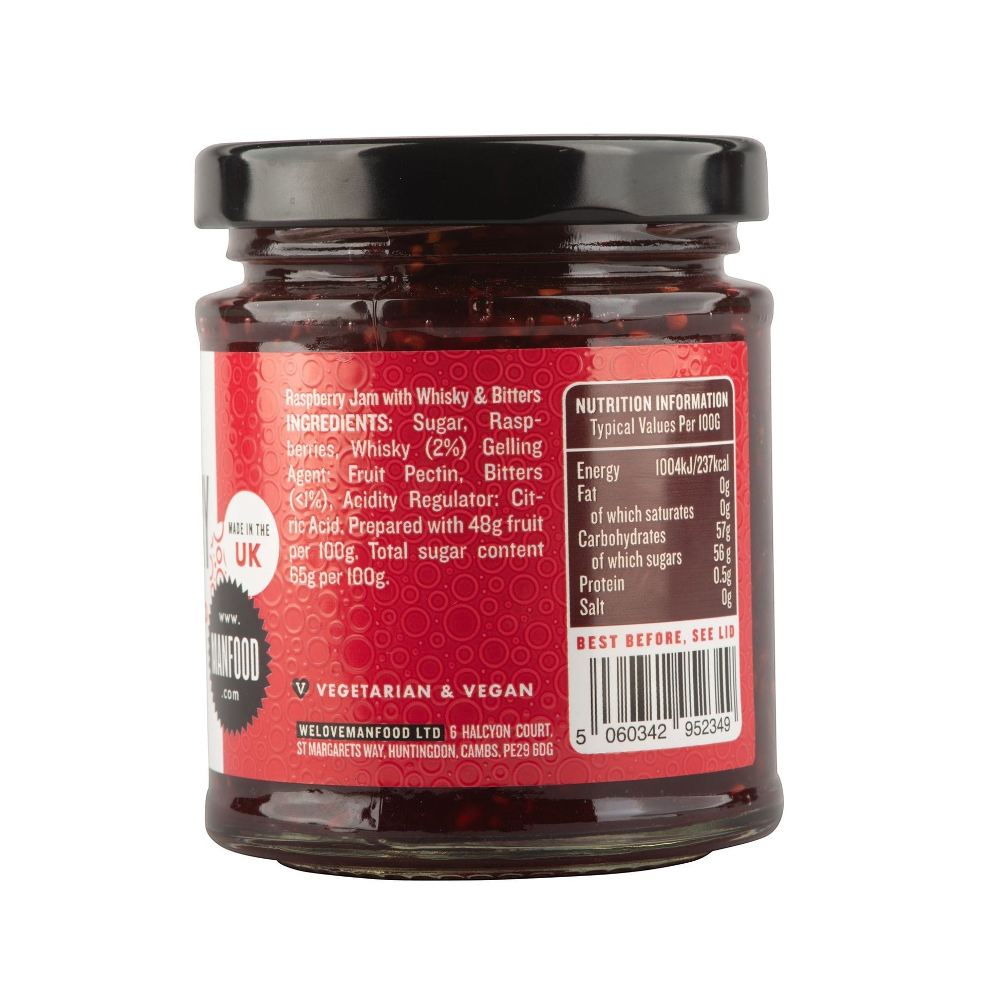 Manfood Cambs Raspberry Old Fashioned Jam jar showing nutrition information and ingredients label on red background
