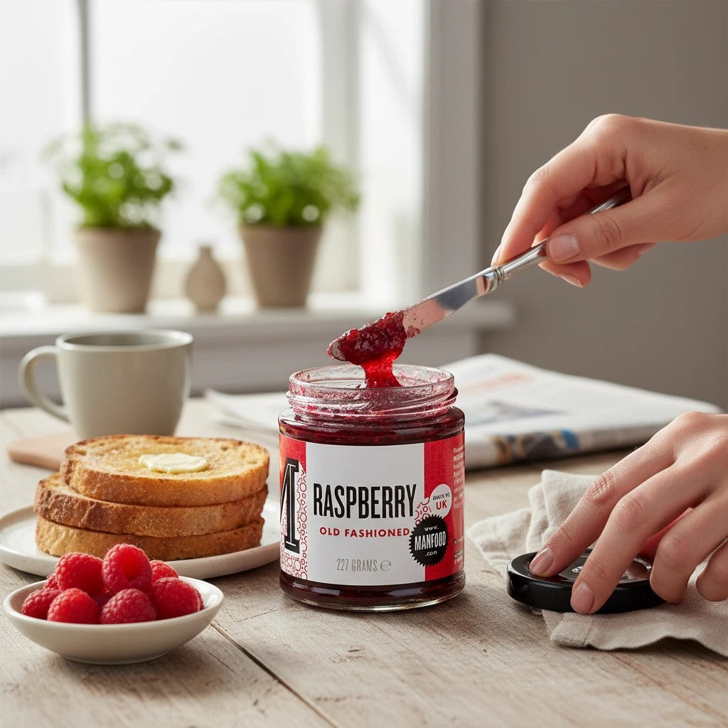Manfood Cambs Raspberry Old Fashioned Jam being spread on toast with fresh raspberries on a rustic wooden table
