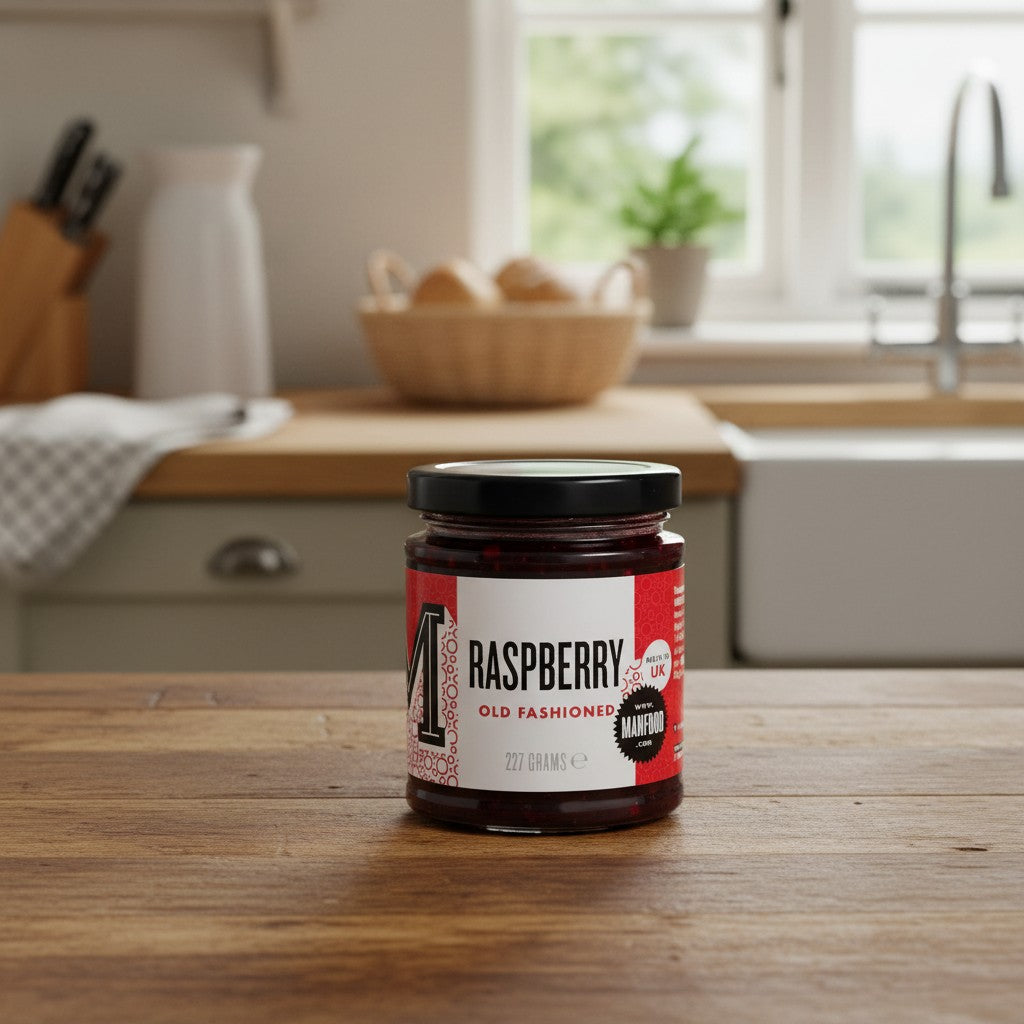Manfood Cambs Raspberry Old Fashioned jam in a glass jar on a wooden kitchen counter with a blurred kitchen background.
