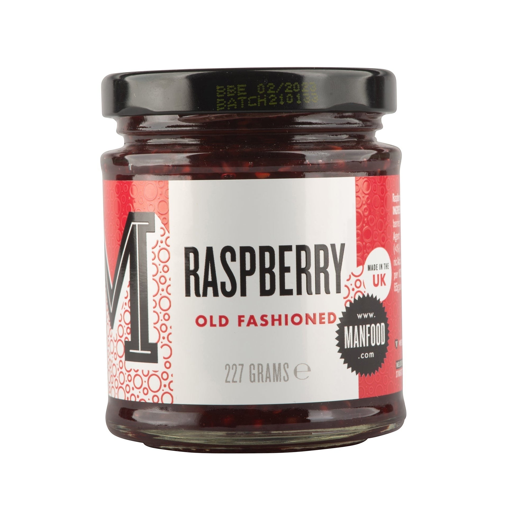 Manfood Cambs Raspberry Old Fashioned jam in a 227g glass jar with a red label and black lid.