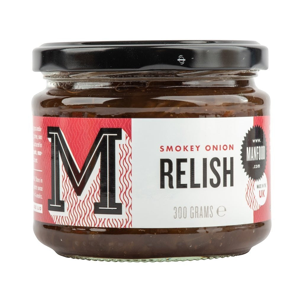 Manfood Smokey Onion Relish in a 300g glass jar with a bold red and white label featuring a large letter M.